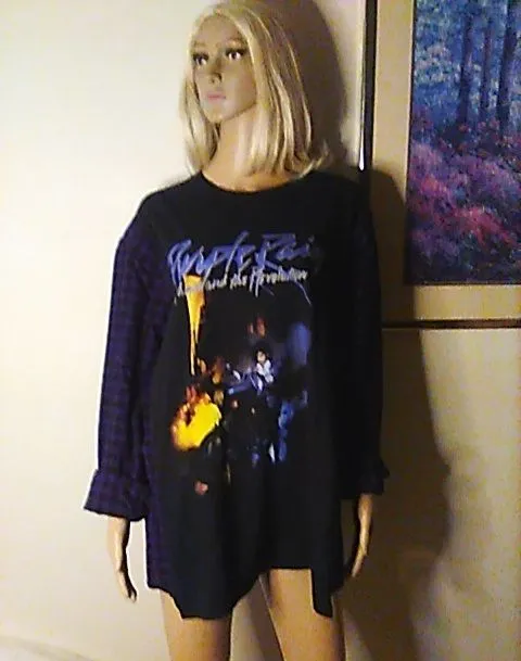 Product image for Prince Purple Rain Dark Purple/Black Plaid Sleeves Plus Size Boxy Soft Pull Over Upcycled 