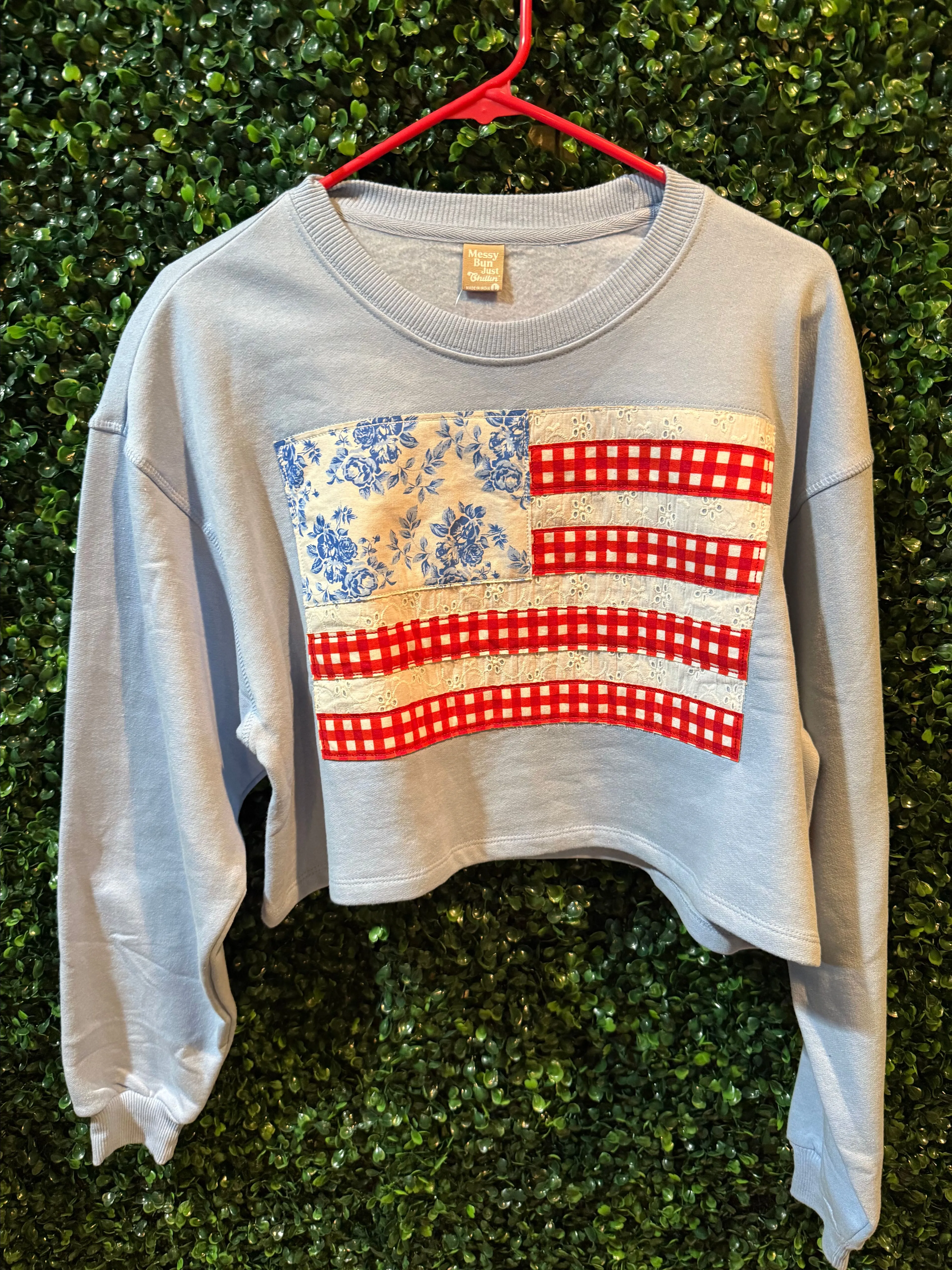 Product image for Messy Bun Just Chillin Crop patchwork top Sz L NWT