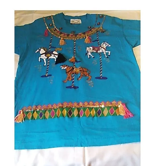 Product image for T Shirt Basil Carousel Tassels Jewels Sequins OS Turquoise Hand Decorated Vintage One of a Kind