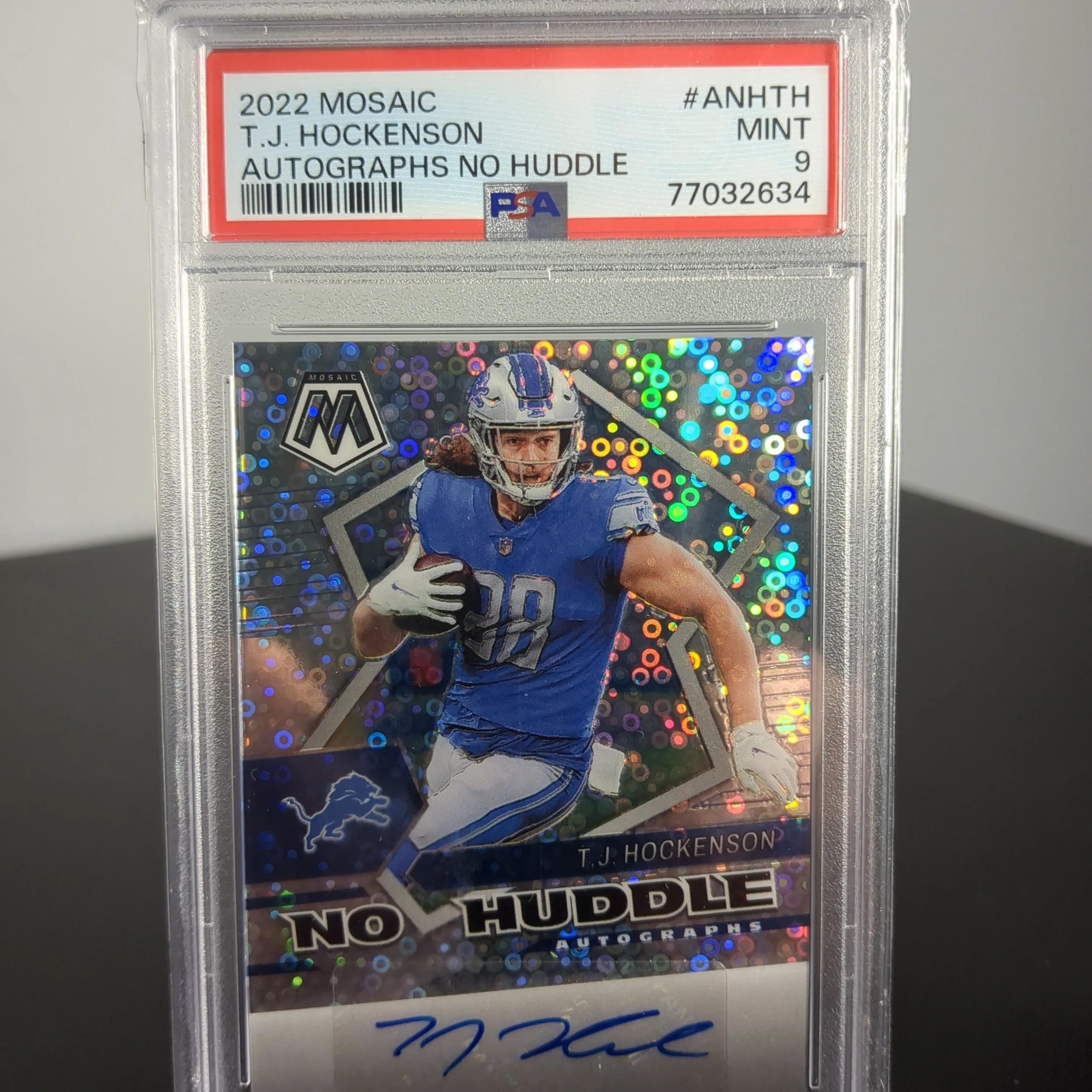 Product image for 2022 Panini Mosaic Autographs No Huddle T.J. Hockenson ANHTH Autographs No Huddle PSA MINT 9
