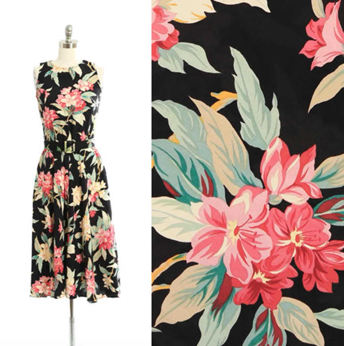 Product image for 90s dark tropical floral rayon midi dress