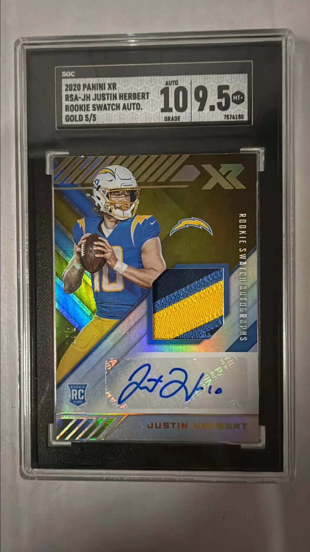 Product image for 2020 Panini Xr Justin Herbert SGC Rookie Swatch Autos. Gold 9.5