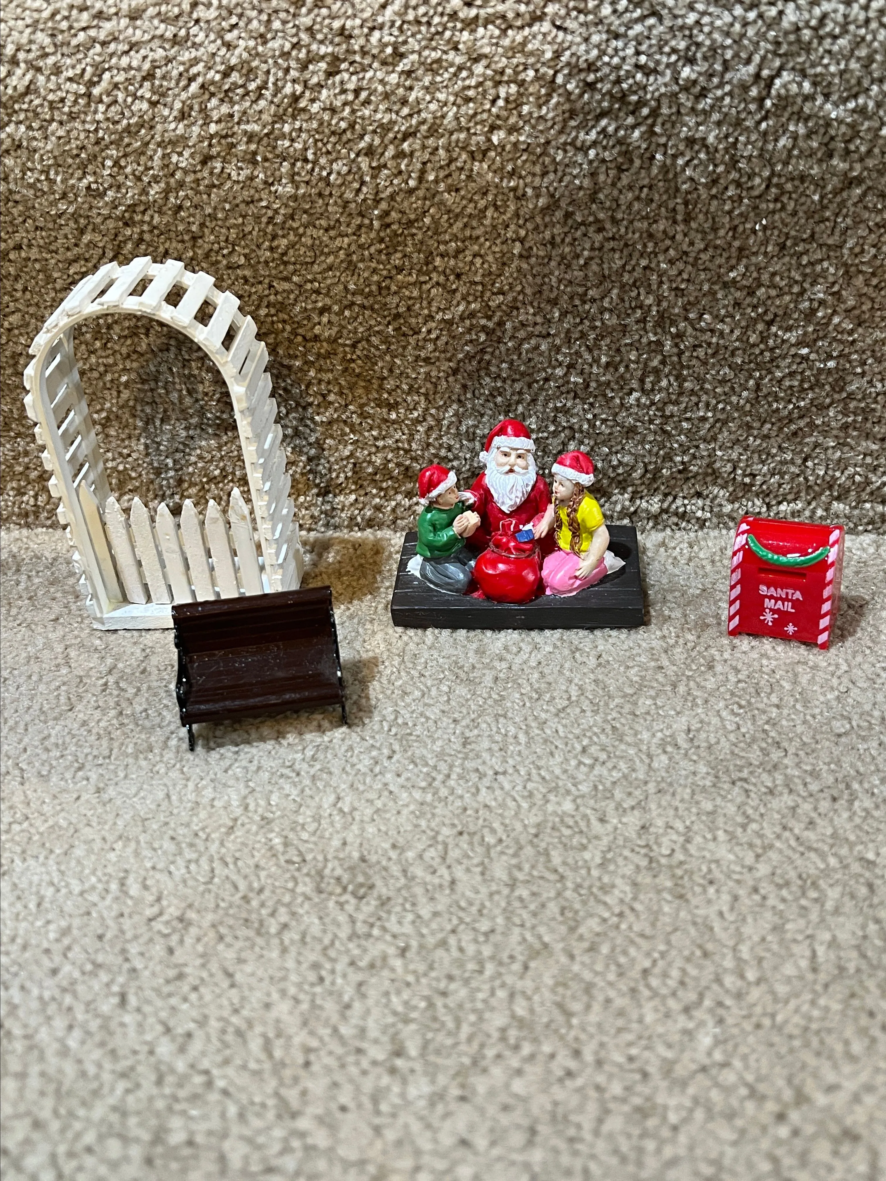 Product image for Christmas Village decor Santa Handing Out Present Mailbox Fence arch Bench lot
