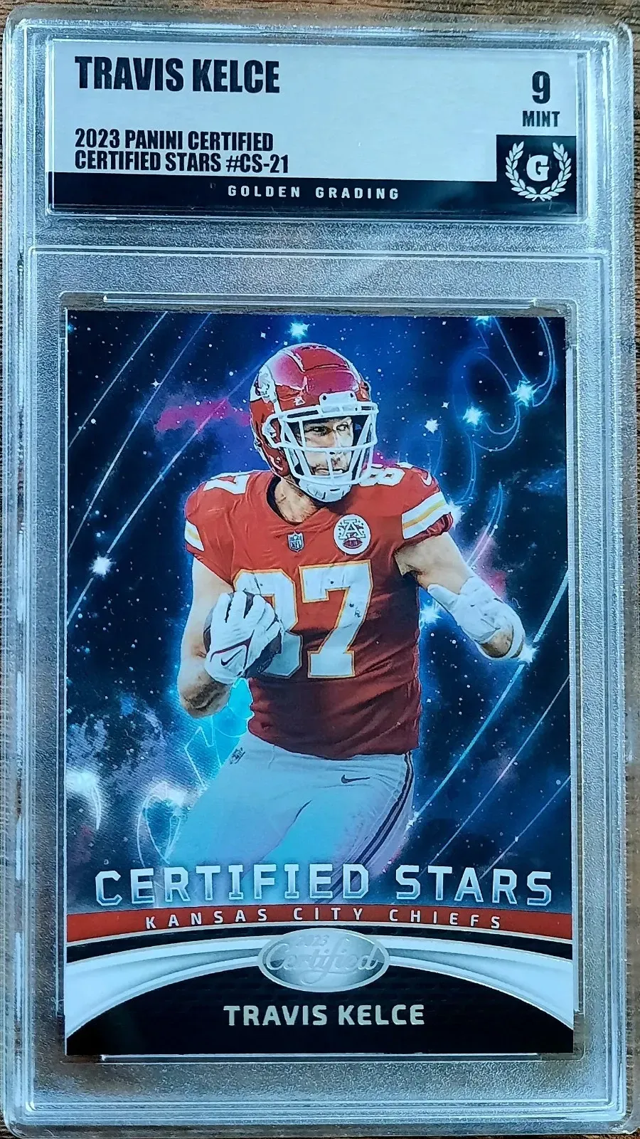 Product image for Travis Kelce 2023 Panini Certified Stars #CS-21 Golden Grading (GG) 9 Mint    