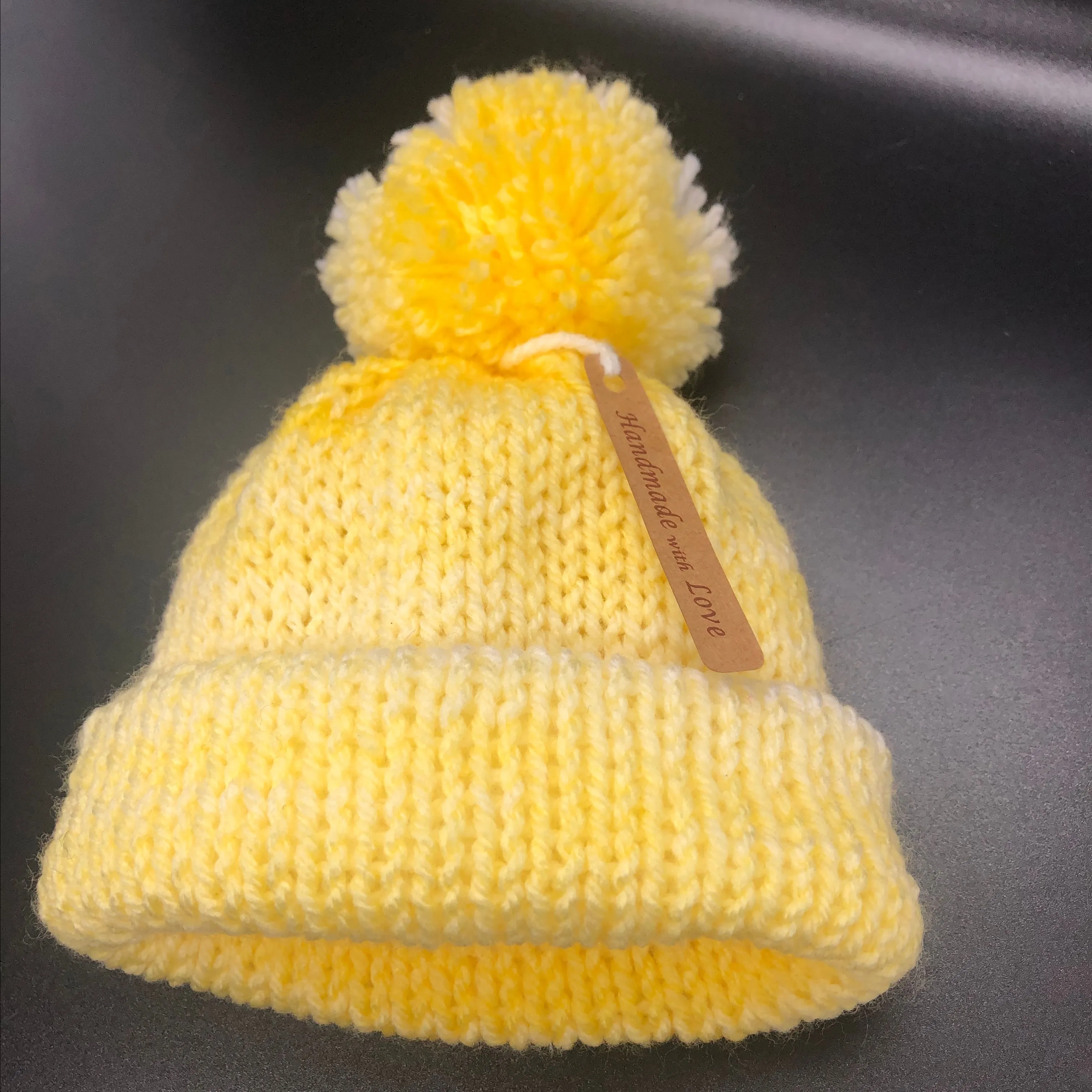 Baby Infant Yellow Pom Pom Double Knit Beanie Hat Sizes Available