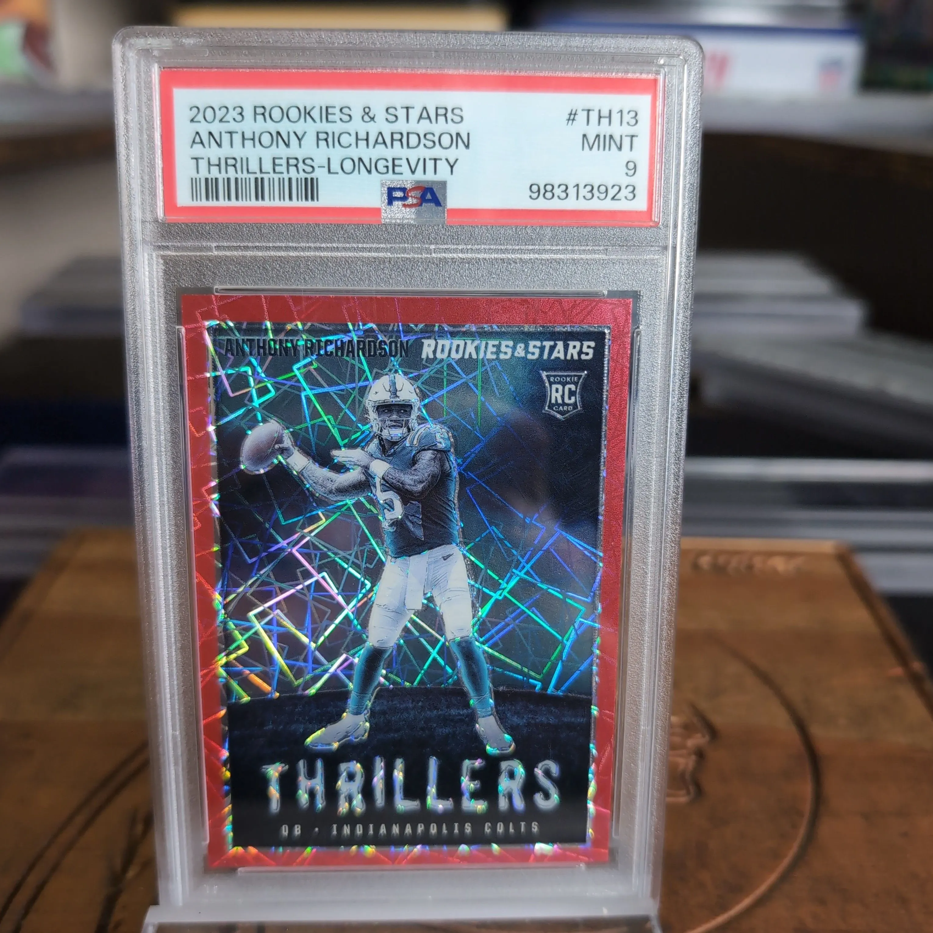 Product image for 2023 Panini Rookies & Stars Thrillers Anthony Richardson TH13 Thrillers-Longevity PSA MINT 9
