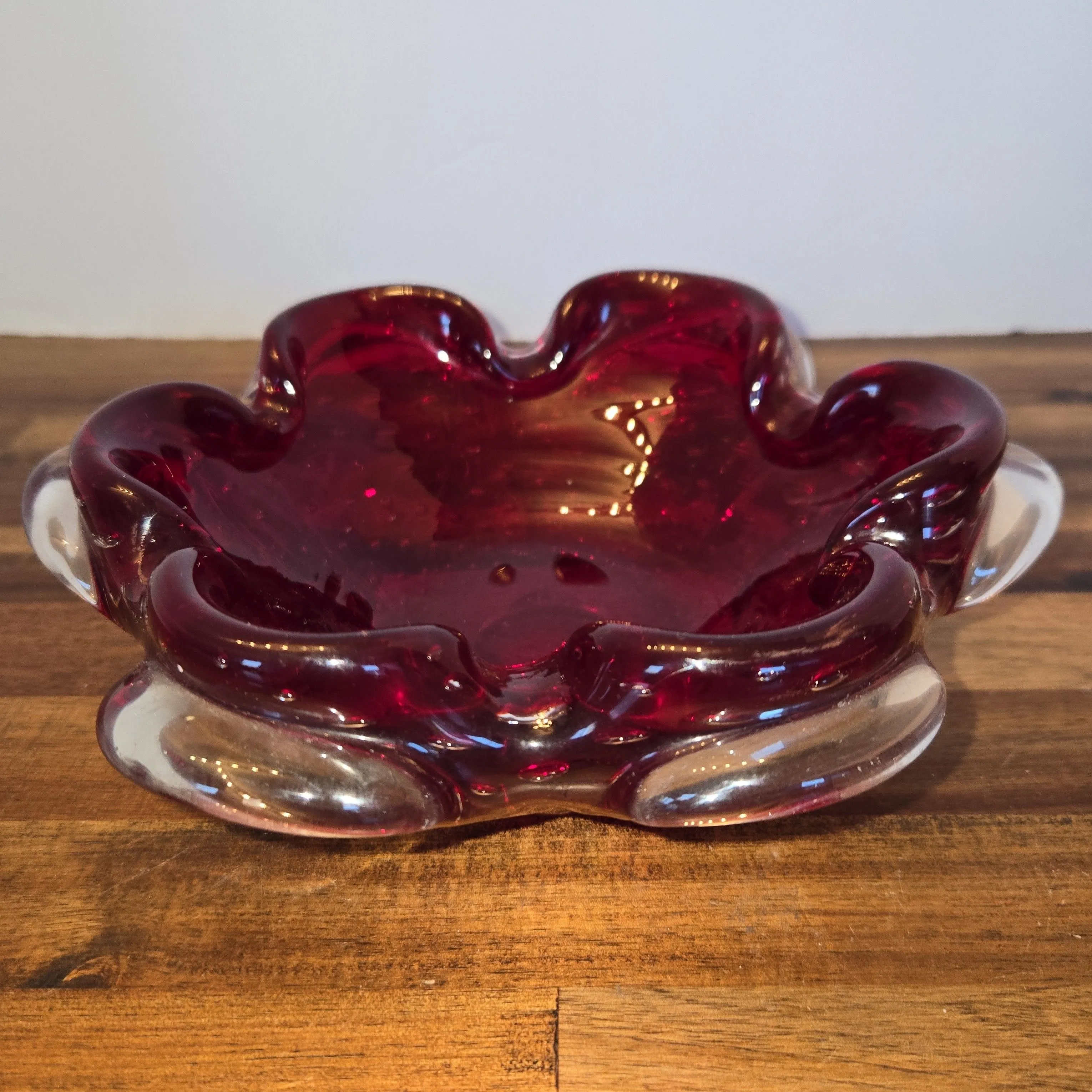 Product image for 693-Murano Style Red and Clear Dish With Controlled Bubbles 