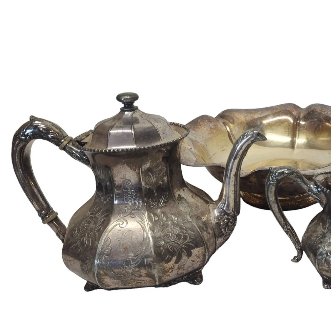 Product image for Vintage Reed & Barton Tea Set Victorian Antique Silverplate 3 Piece & Fruit Bowl