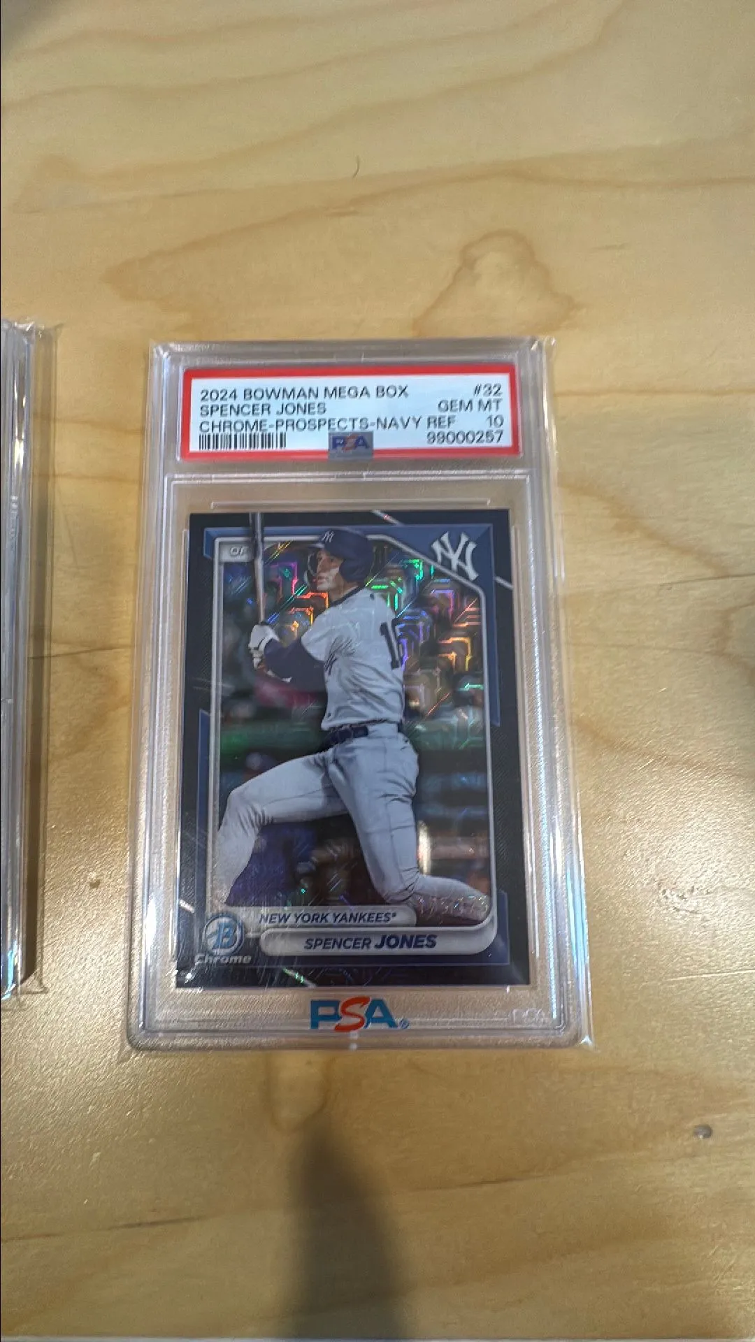 Product image for 2024 Bowman Mega Box Chrome Prospects Spencer Jones 32 Chrome-Prospects-Navy Ref PSA GEM MT 10