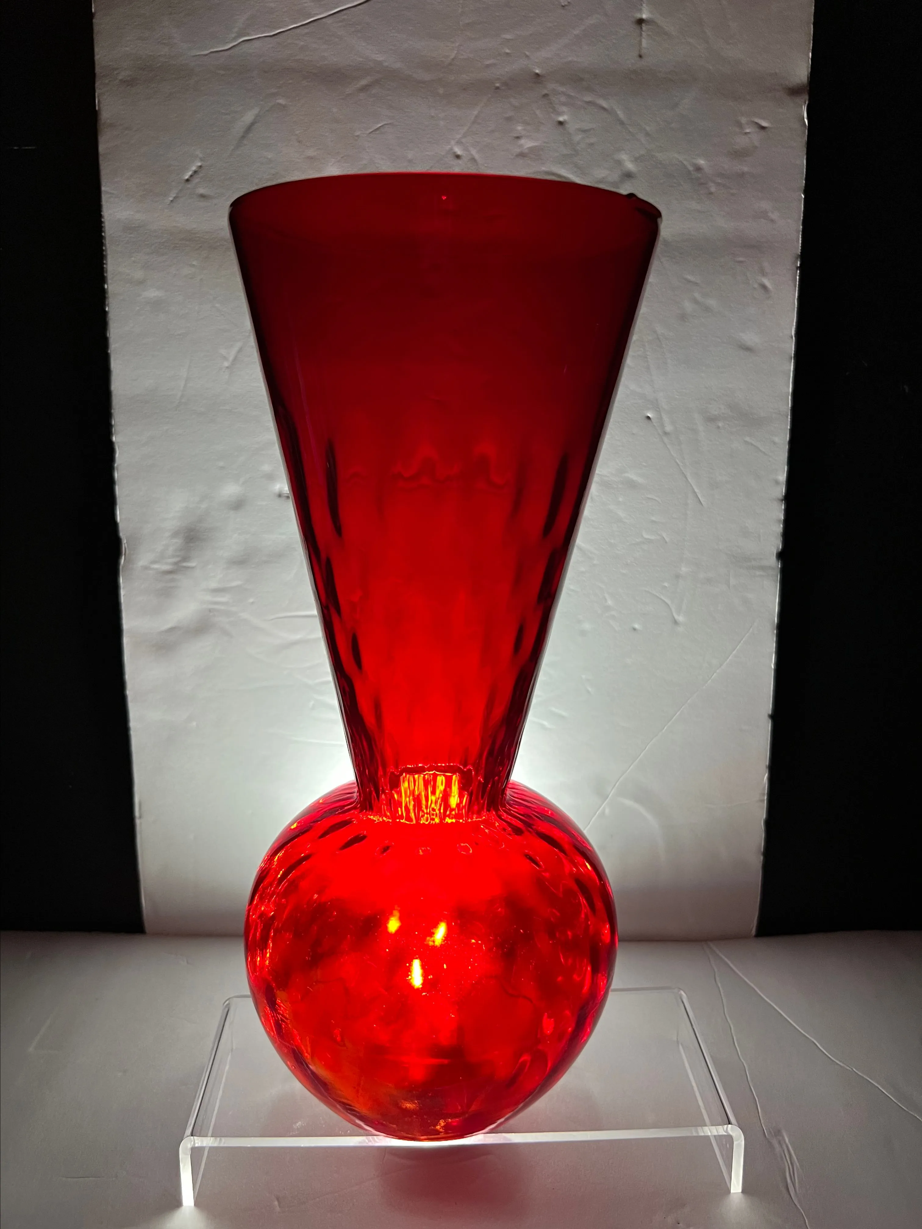 Product image for 0738 Vintage  EMPOLI Italy Art Glass, Ruby Red Thumbprint & Ribbed Optic Pattern Vase. 12” tall.