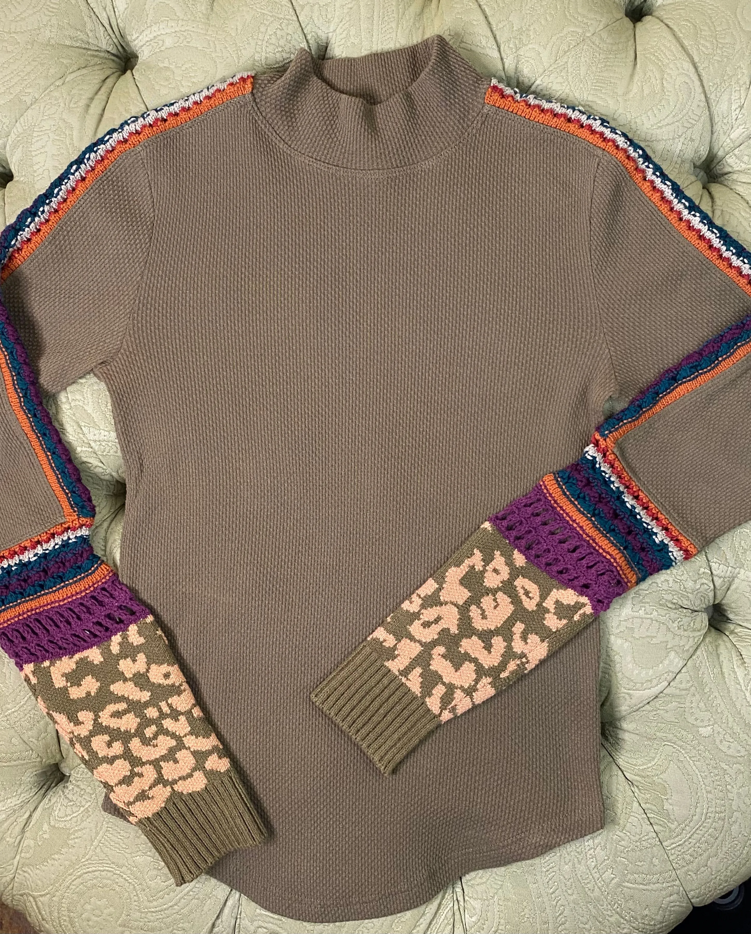 Product image for Free People Stitch It Up Size Small Thermal Knit Top Crochet Sleeves