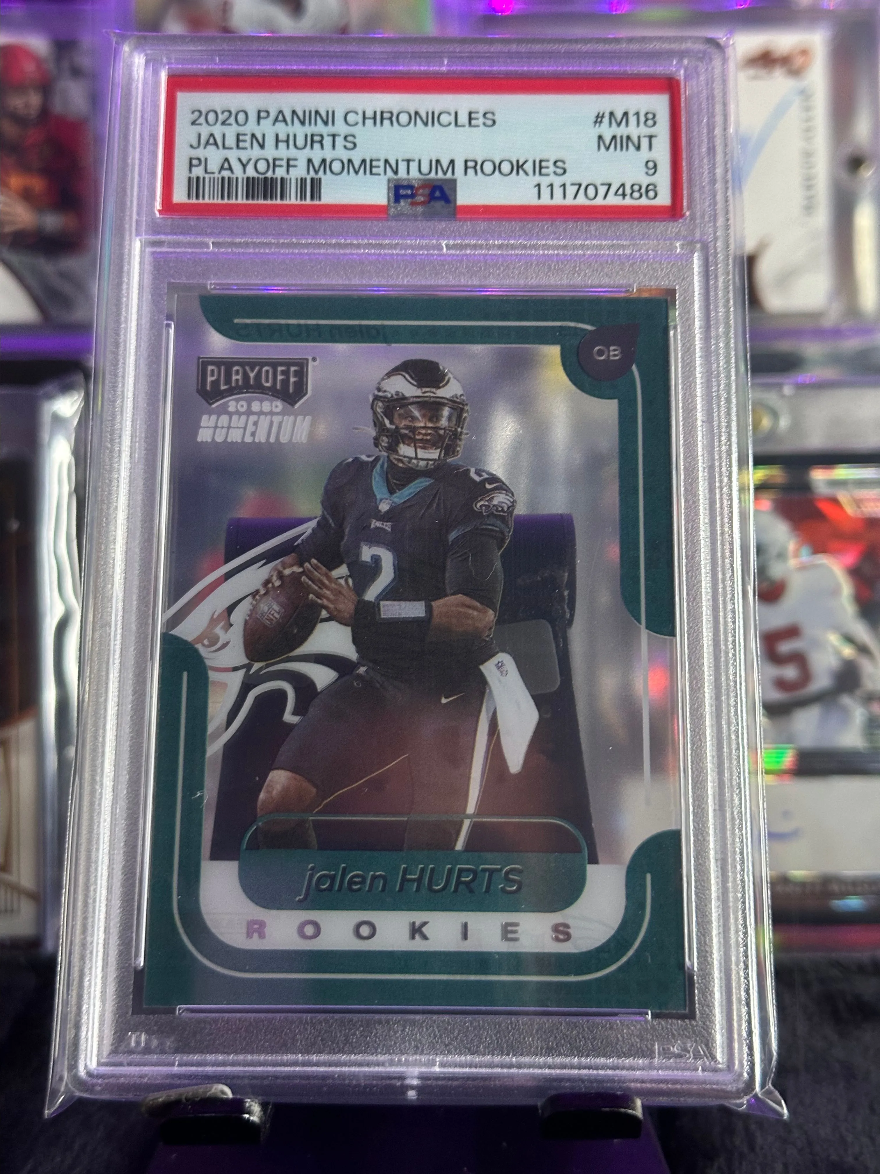 Product image for 2020 PANINI CHRONICLES PLAYOFF MOMENTUM ROOKIES JALEN HURTS #M18 PSA 9 EAGLES RC