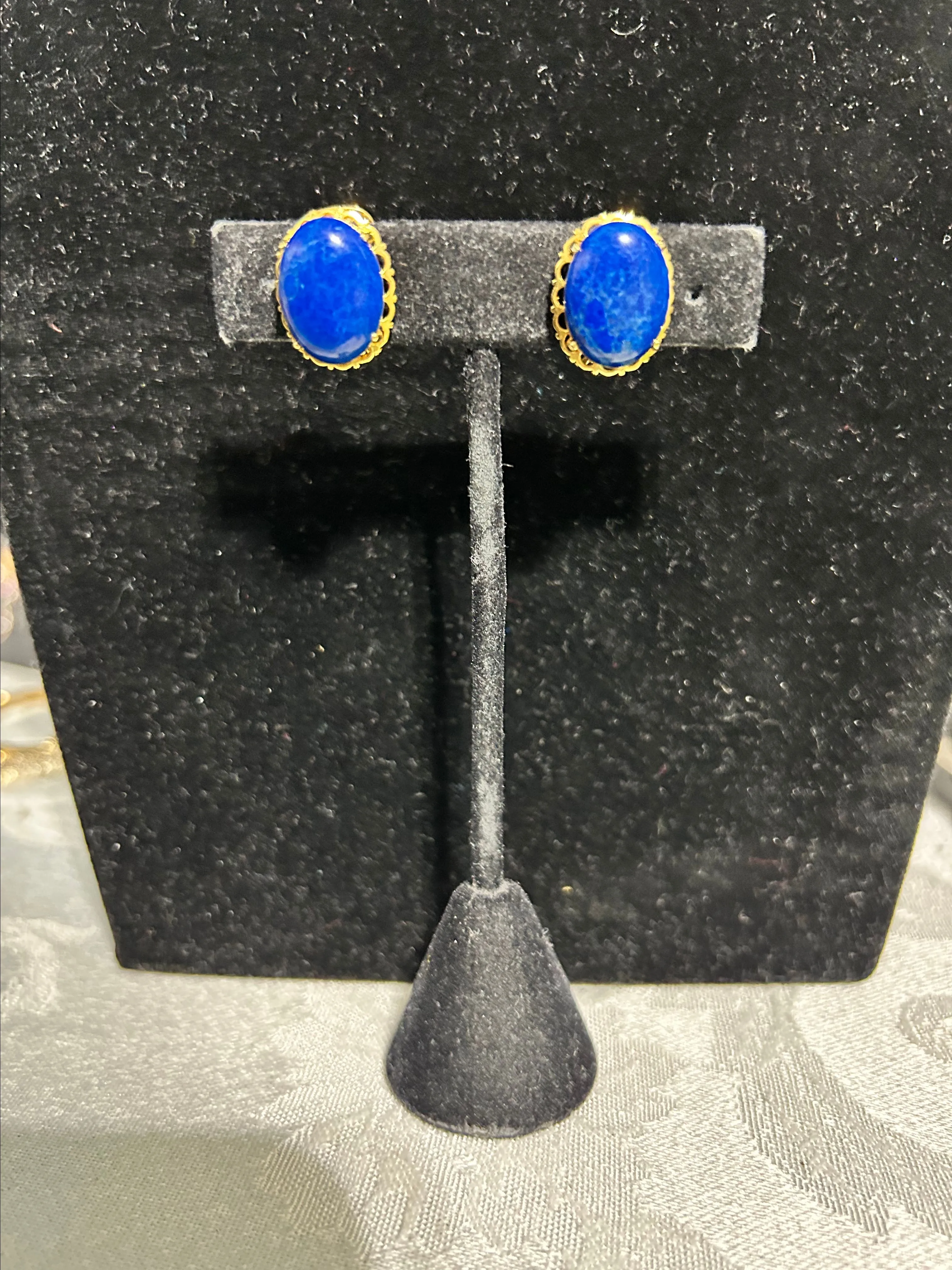 Product image for #50 Lapis Lazuli gold tone prong set clip on earrings