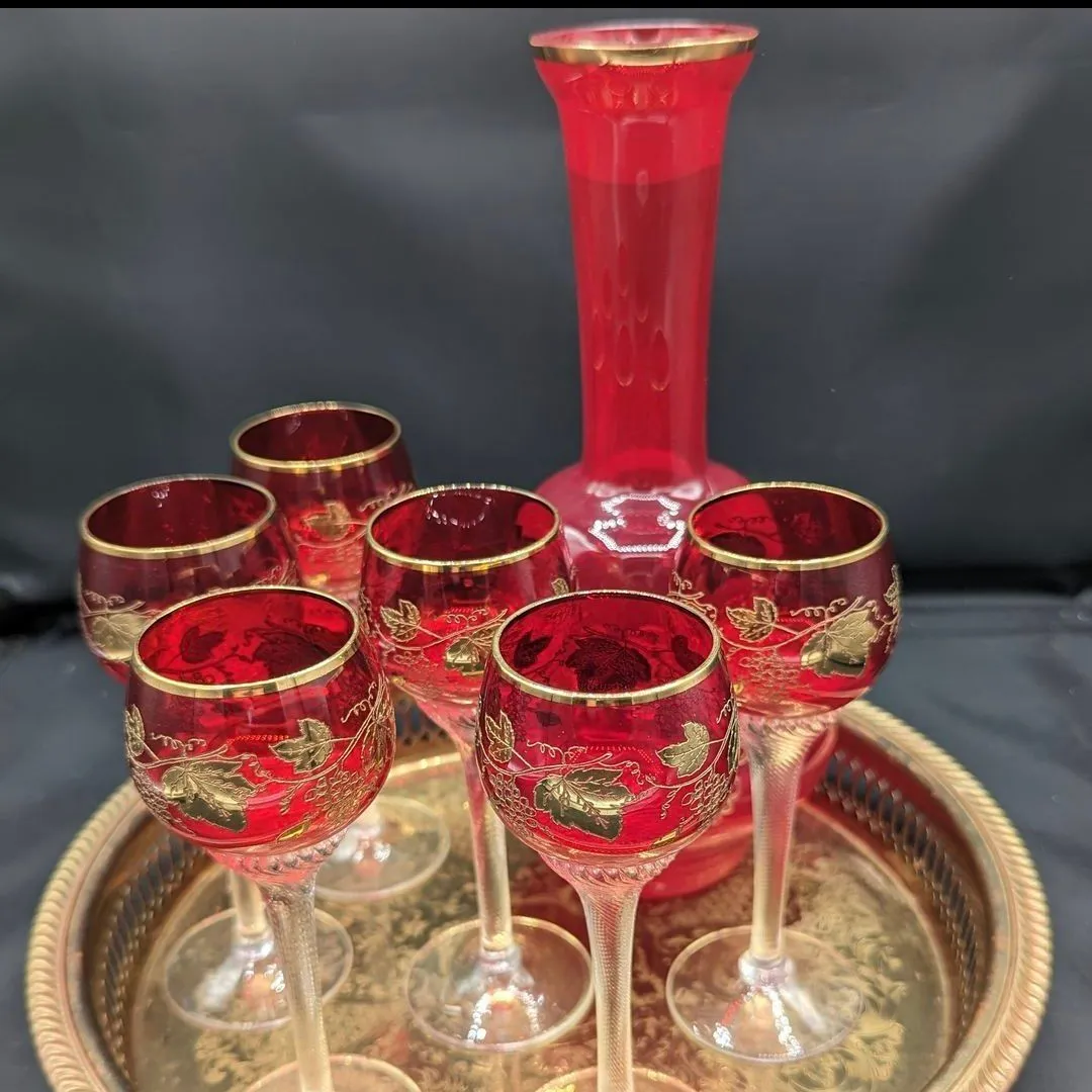Product image for 35. Vtg Bohemian Crystal Decanter Set 24kt Gold Overlay No Stopper 😞
