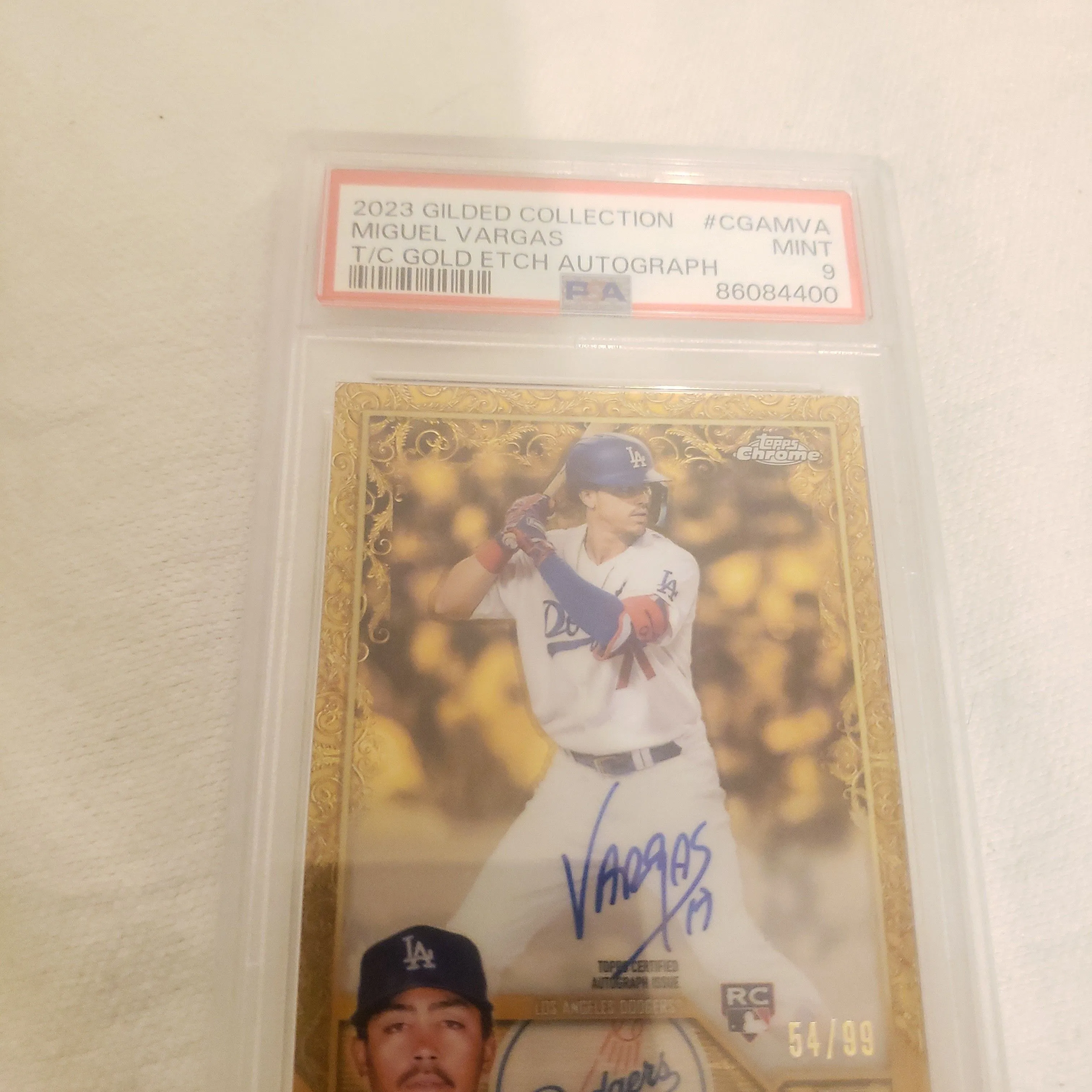 Product image for 2023 Topps Gilded Collection Topps Chrome Gold Etch Autographs Miguel Vargas CGAMVA  PSA MINT 9