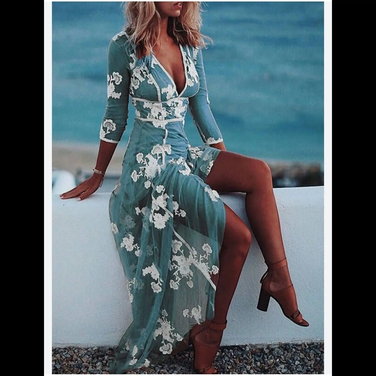 Product image for Boho Embroidered Floral Dress Blue Medium