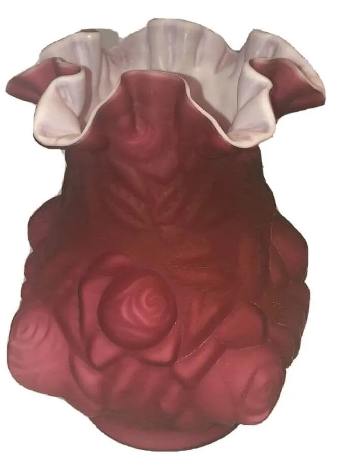 Product image for Vintage art glass red satin glass ruffle vase 3-D roses