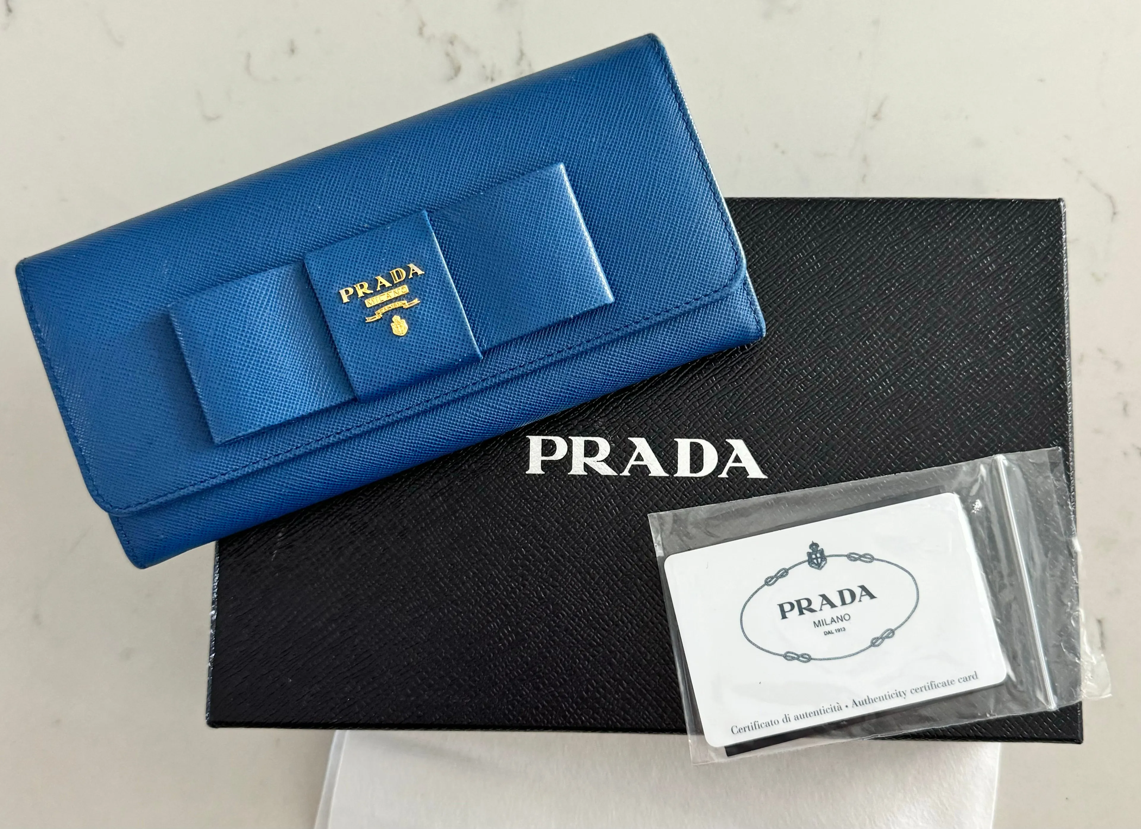 Product image for 176: Prada Blue Saffiano Bow Wallet