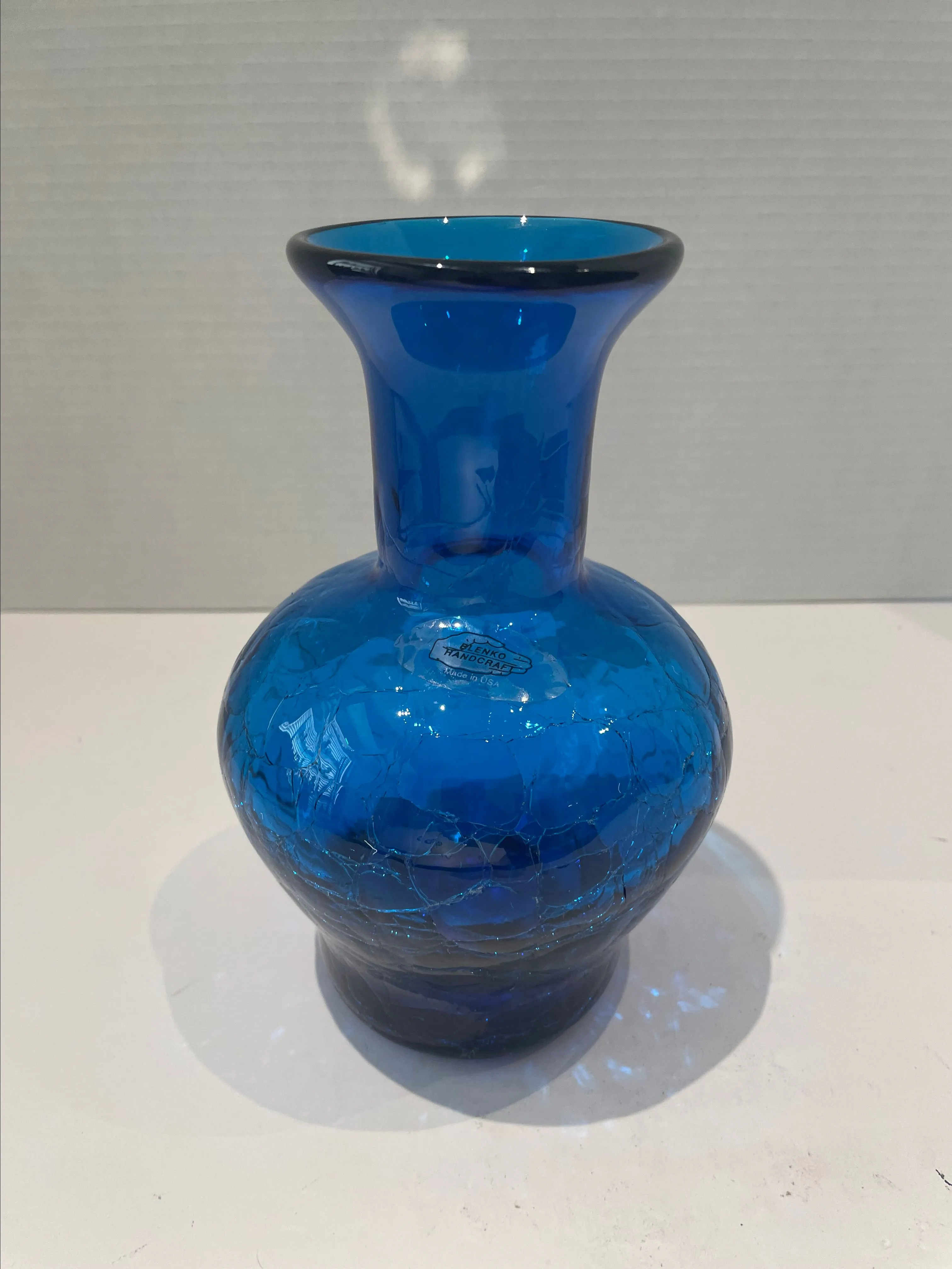 Product image for 787 Blenko Cobalt 7.5" #9604 Crackle Vase with Sticker