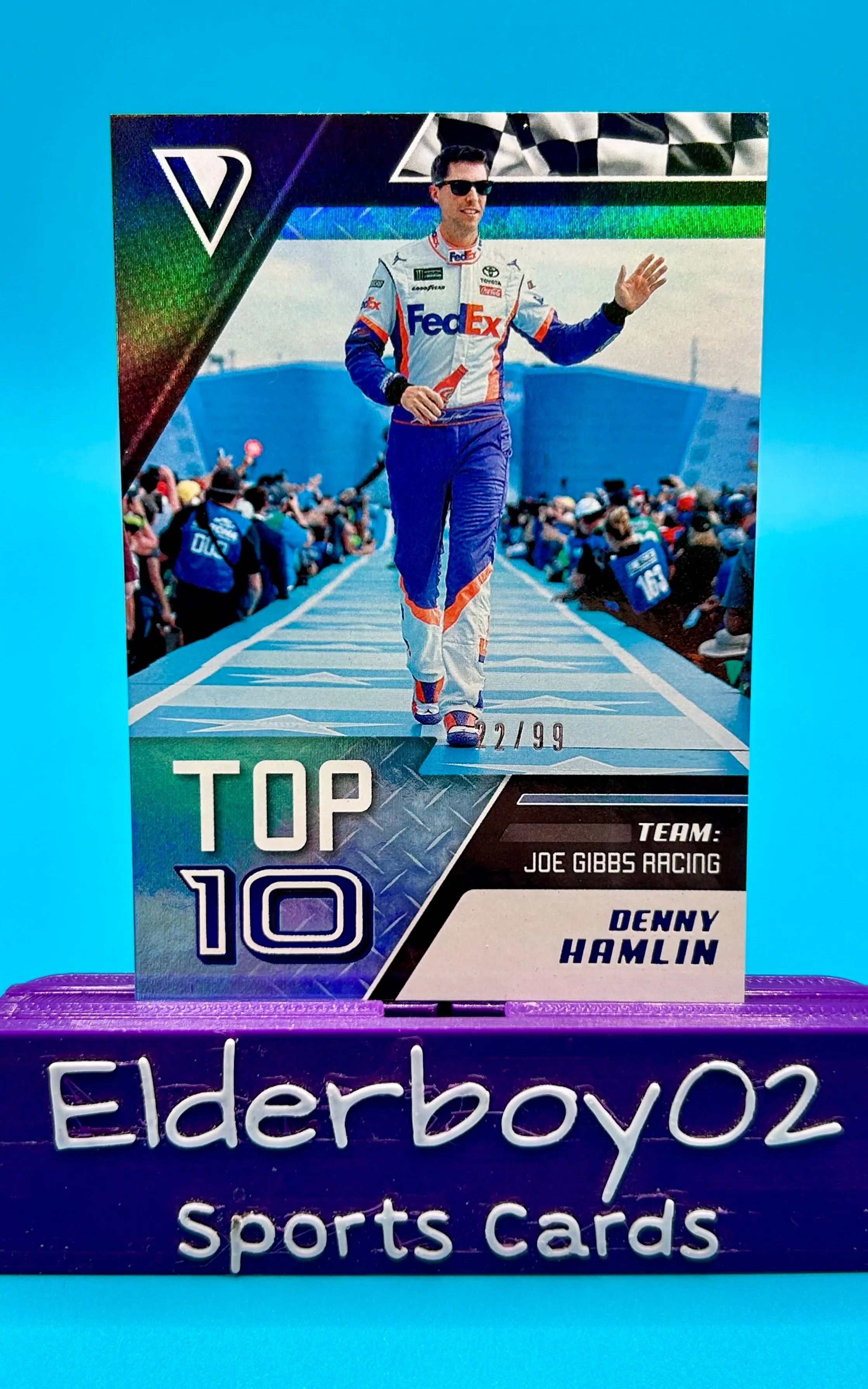 Product image for Denny Hamlin /99 Top 10 Blue Foil 2019 Panini Victory Lane Racing Nascar