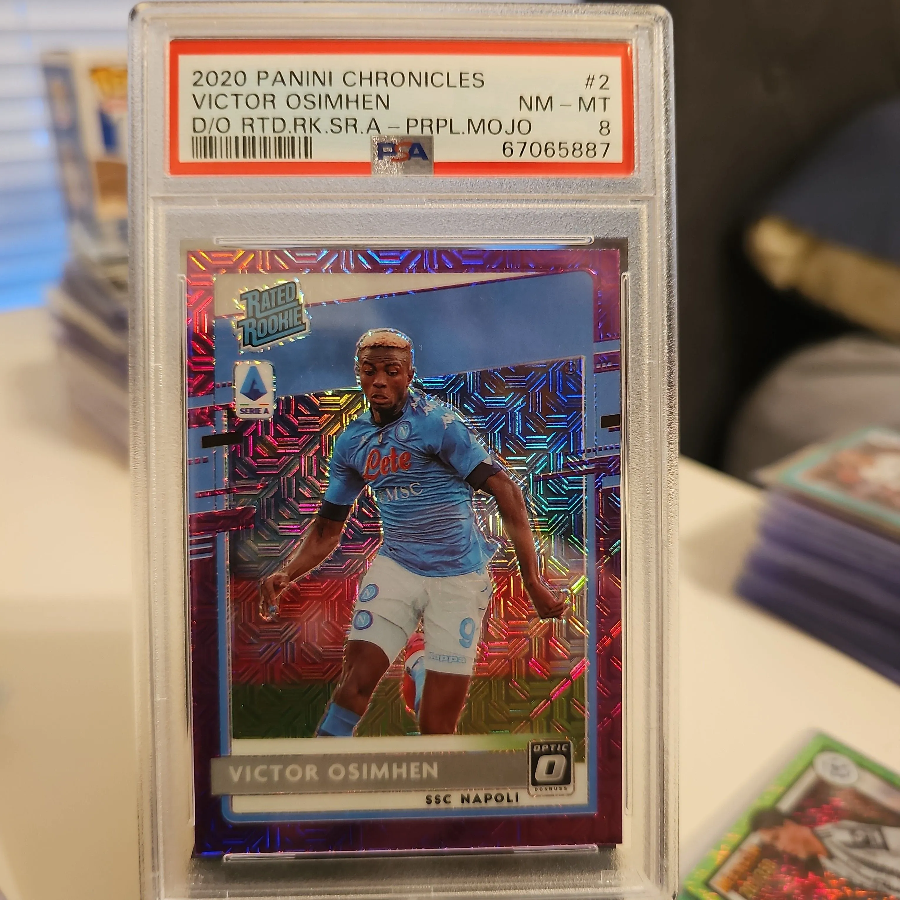 Product image for 2020 Panini Chronicles Donruss Optic Rated Rookie #2 Victor Osimhen Purple Mojo PSA 8