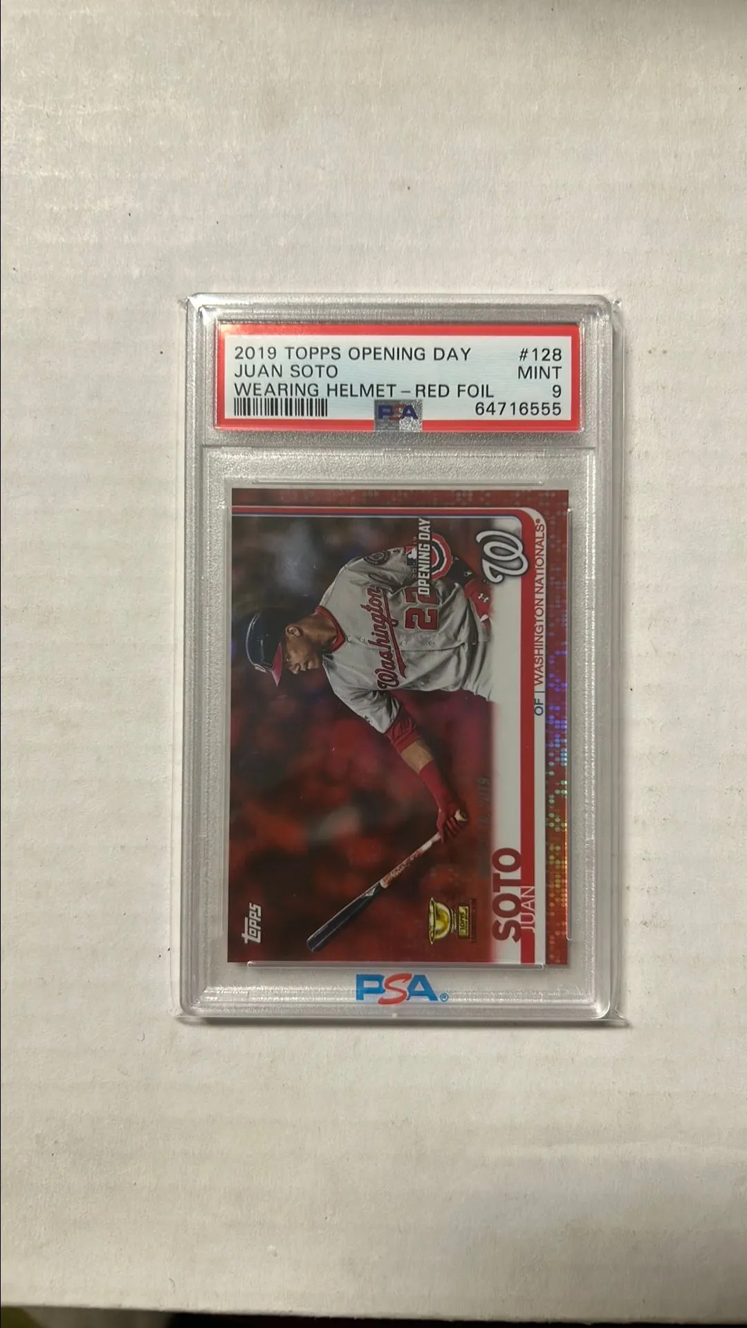 Product image for 2019 Topps Opening Day Juan Soto 128 Wearing Helmet-Red Foil PSA MINT 9