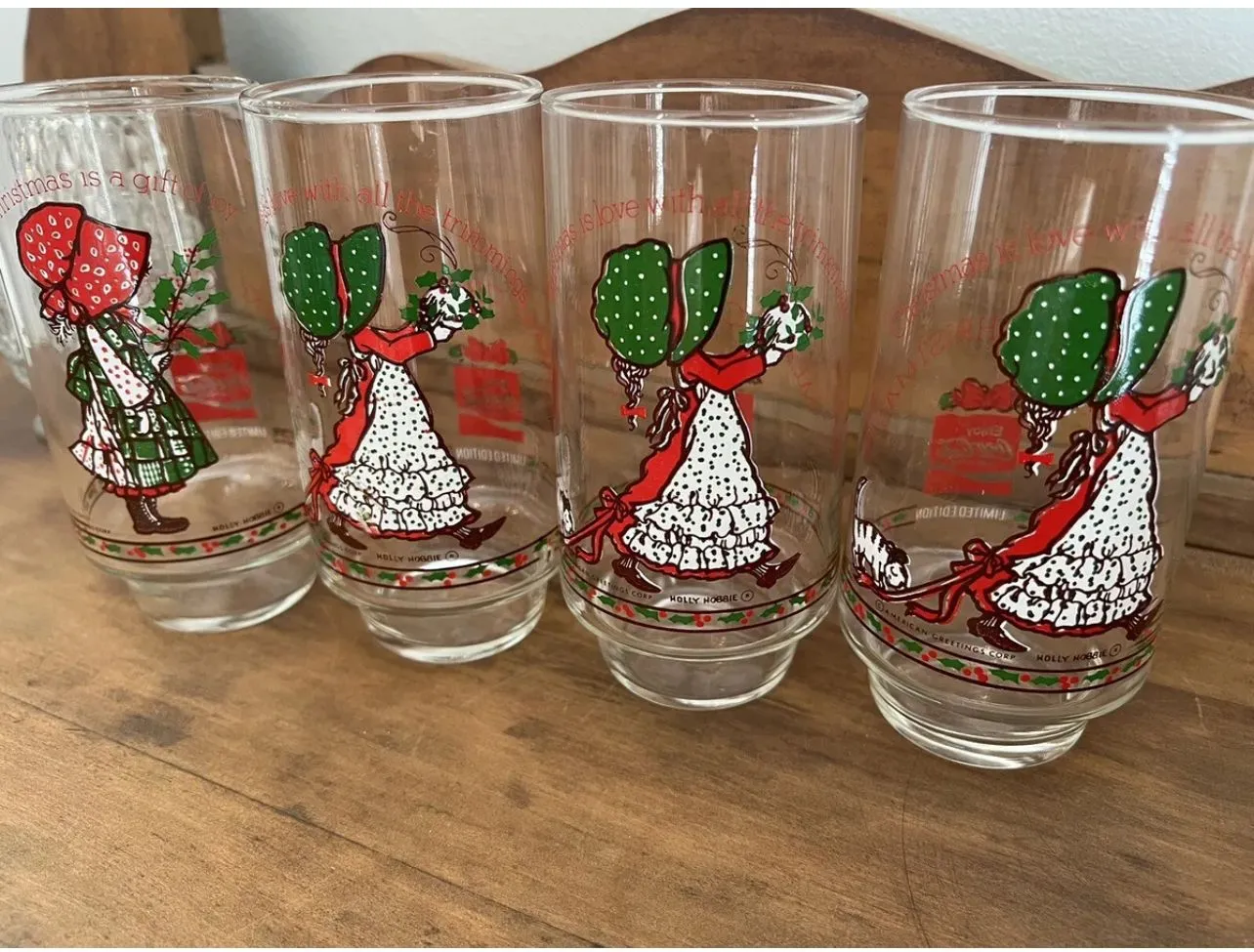 Product image for 4 Vintage Christmas HOLLY HOBBIE Coca-Cola Glasses American Greetings Limited Ed