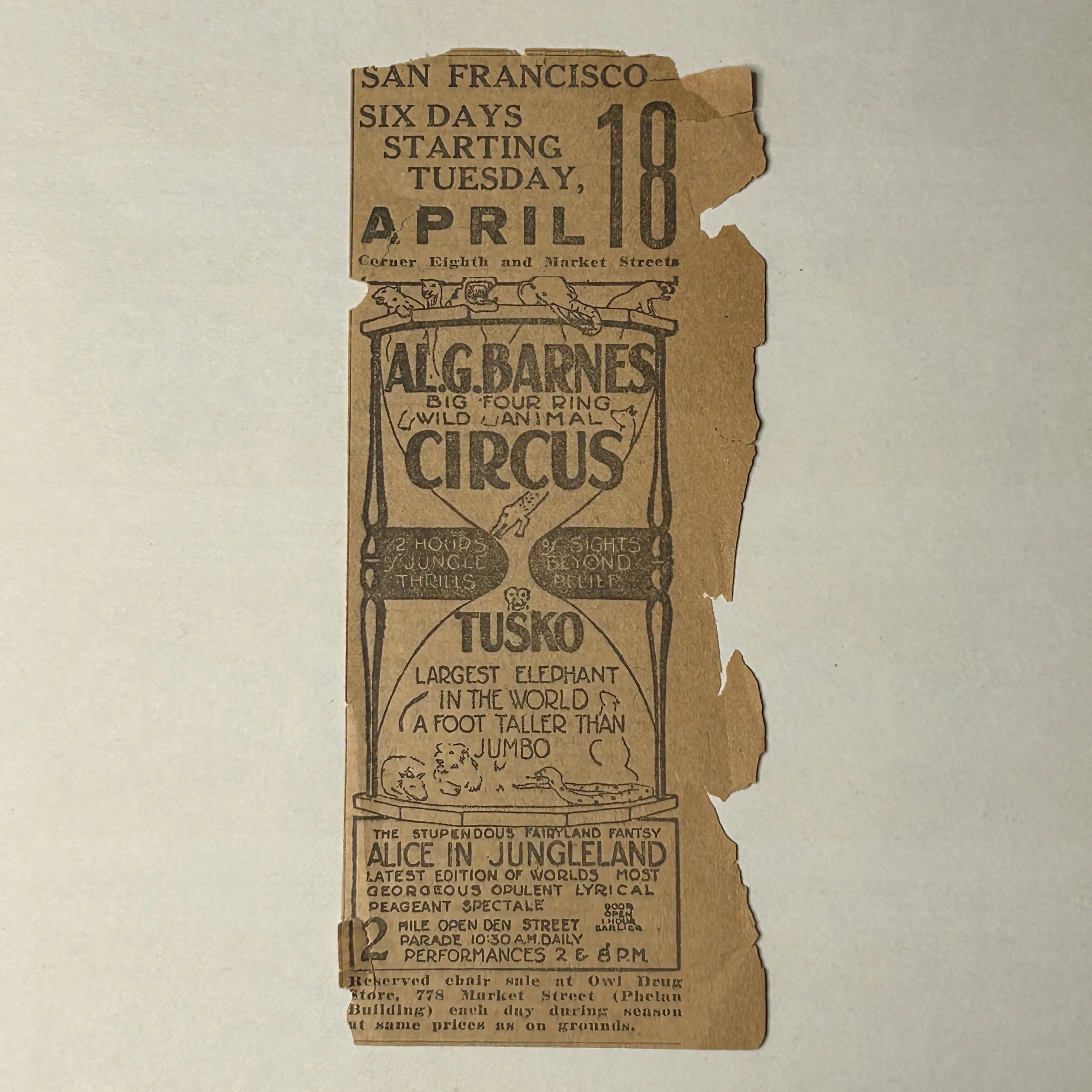 Product image for RARE 1920's Al. G. Barnes Newspaper Ad -Big Four Ring Wild Animal Circus in San Francisco