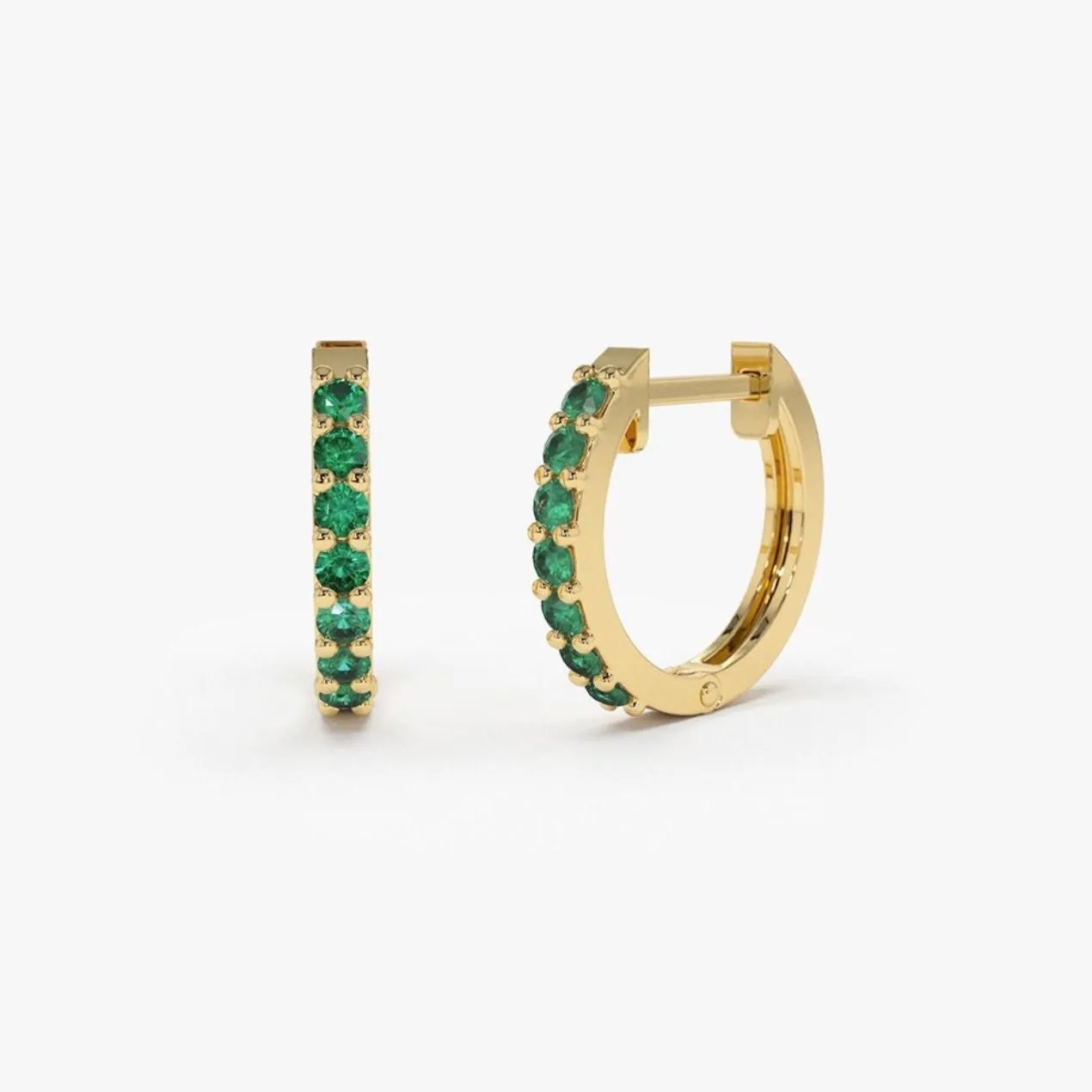 Product image for 14k Solid Gold Emerald Huggie Earrings, Genuine Emerald Hoop Women's Earrings By North Jewelry