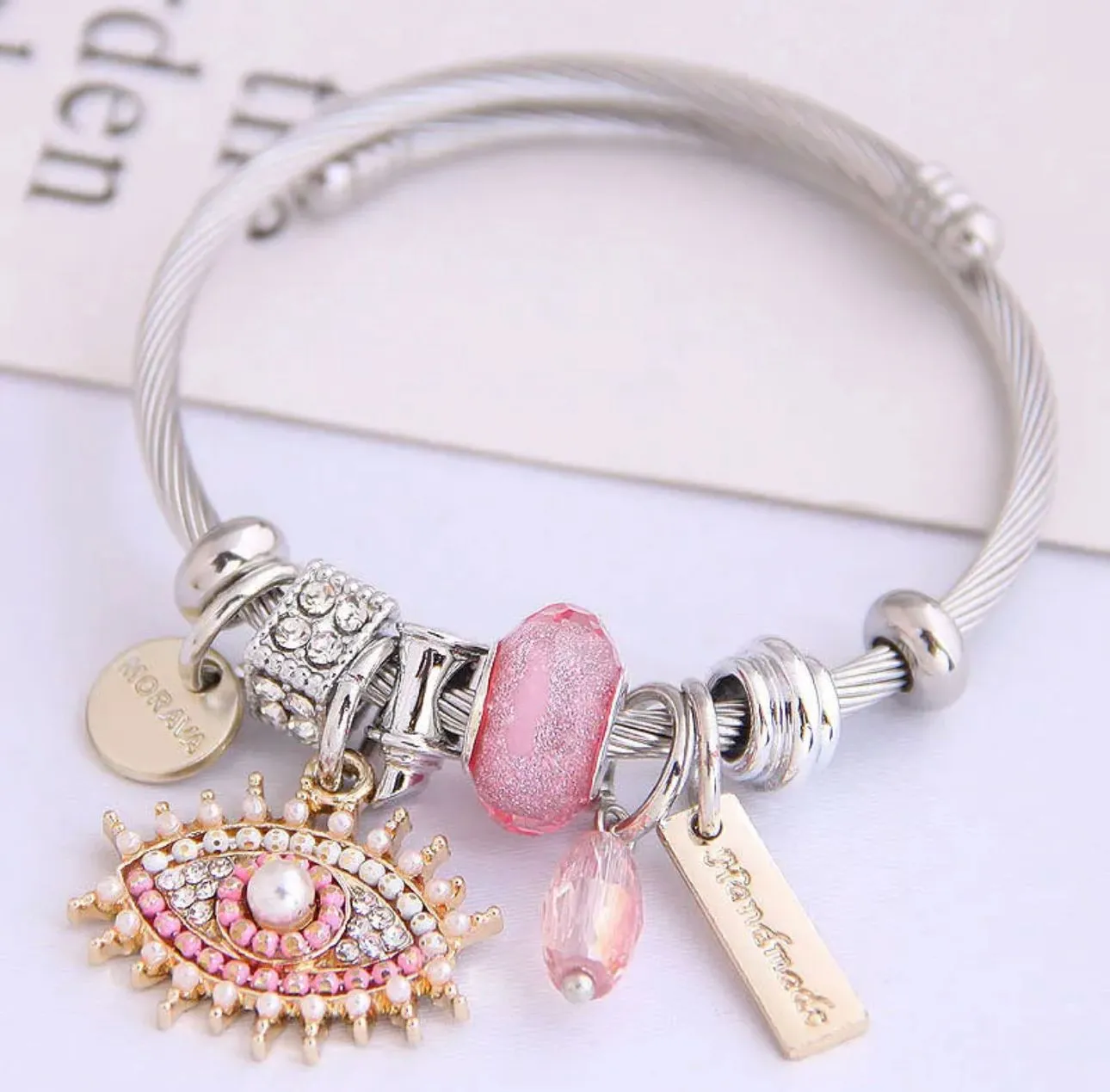 Product image for Stainless Steel Birthstone Pearl Ring/ Luxury Wing Evil Eye Charm Bracelet