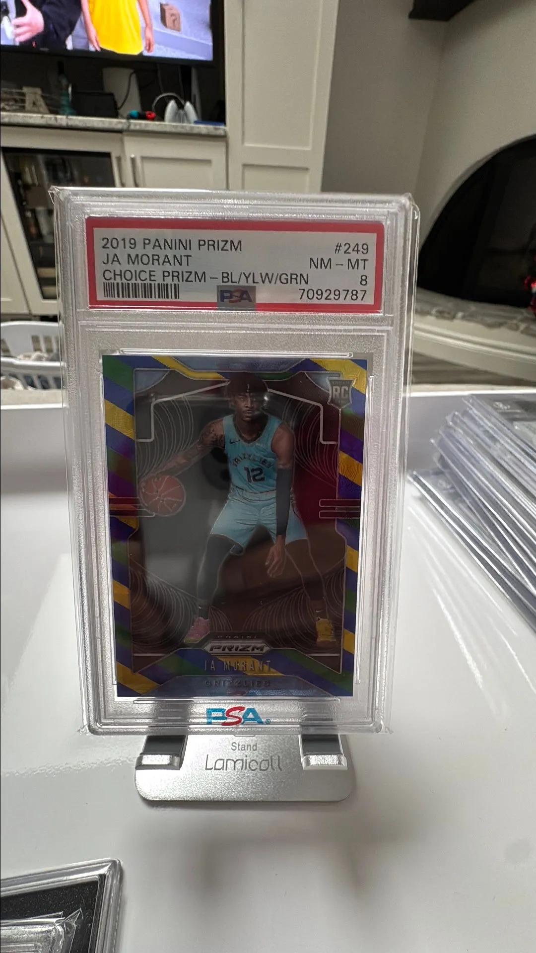 Product image for 2019 Panini Prizm Ja Morant 249 Choice Prizm-Bl/Ylw/Grn PSA NM-MT 8