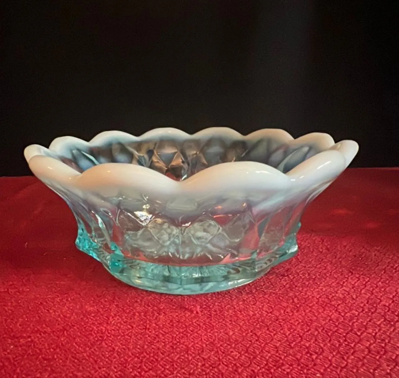 Product image for Fenton Aqua Opalescent Candy Bowl- Grape Pattern. glows
