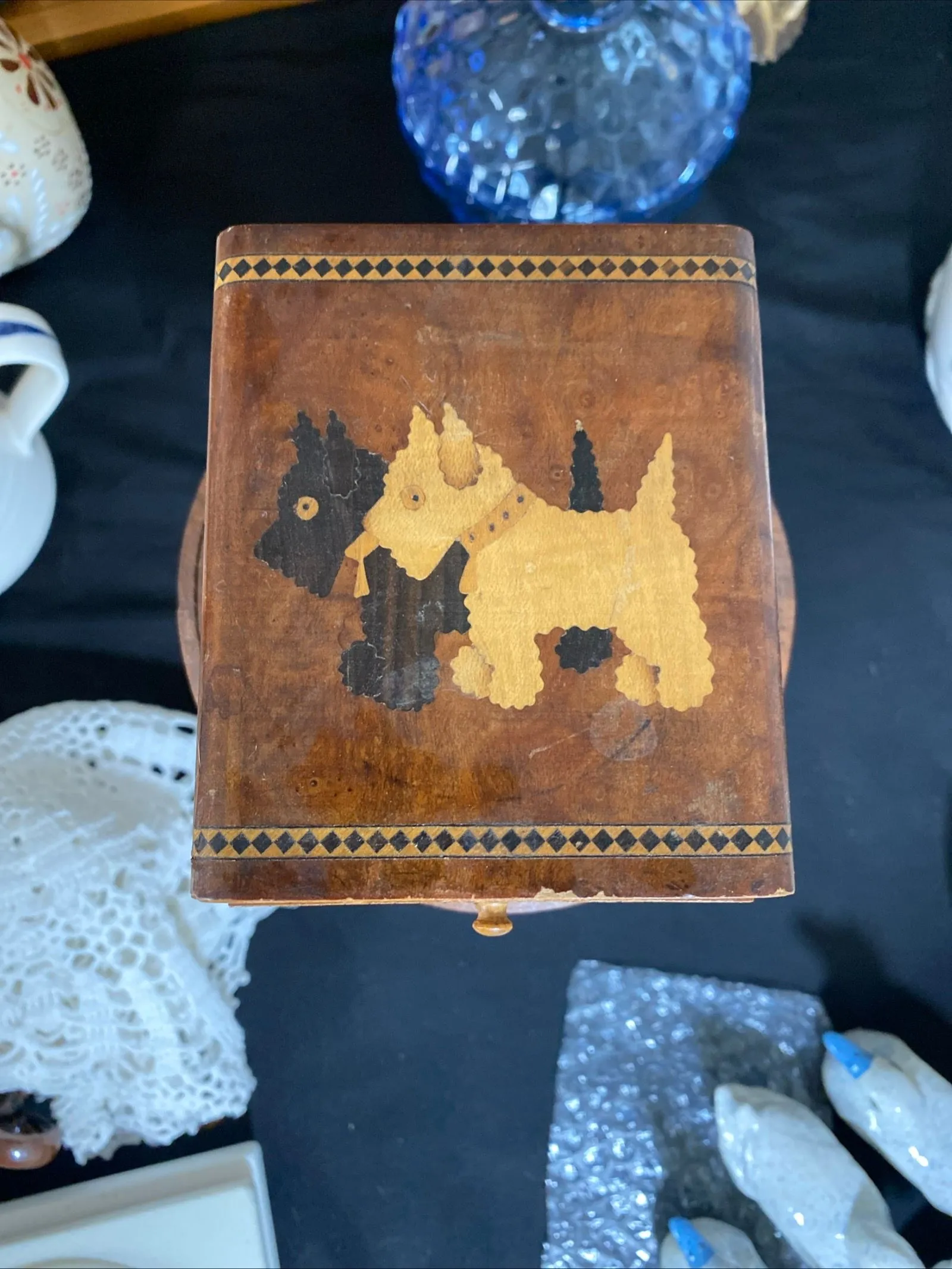 Product image for Vintage Wooden Inlay Scottie Terrier 2 Drawer Box