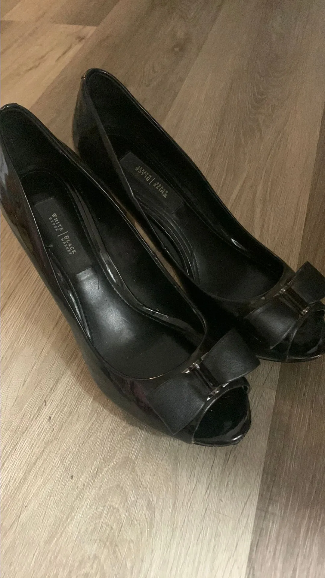 Product image for 65.Beautiful BLACK SHINY HEELS WITH PEEP TOE AND BOW Size 8 Brand White House Black Market