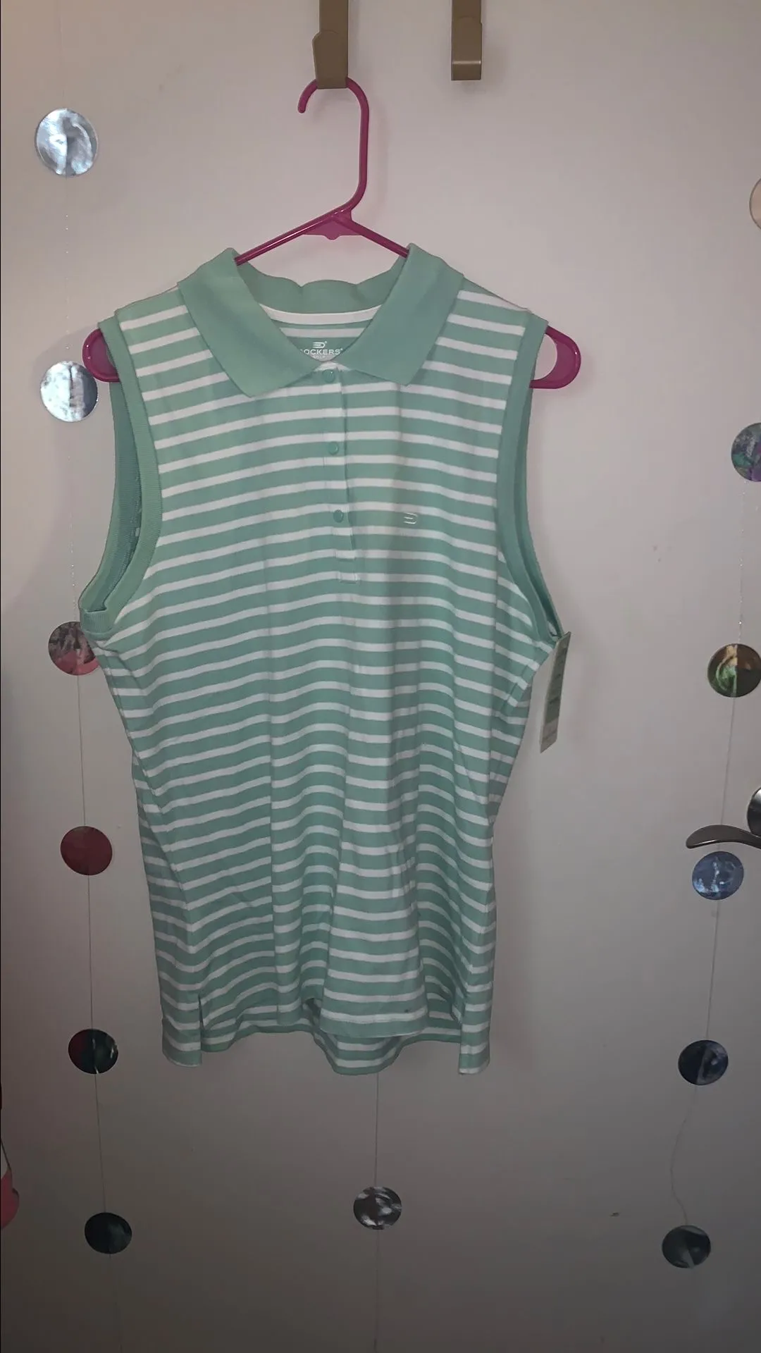 Product image for 21.DOCKERS GOLF  mint green and white striped polo shirt size Large