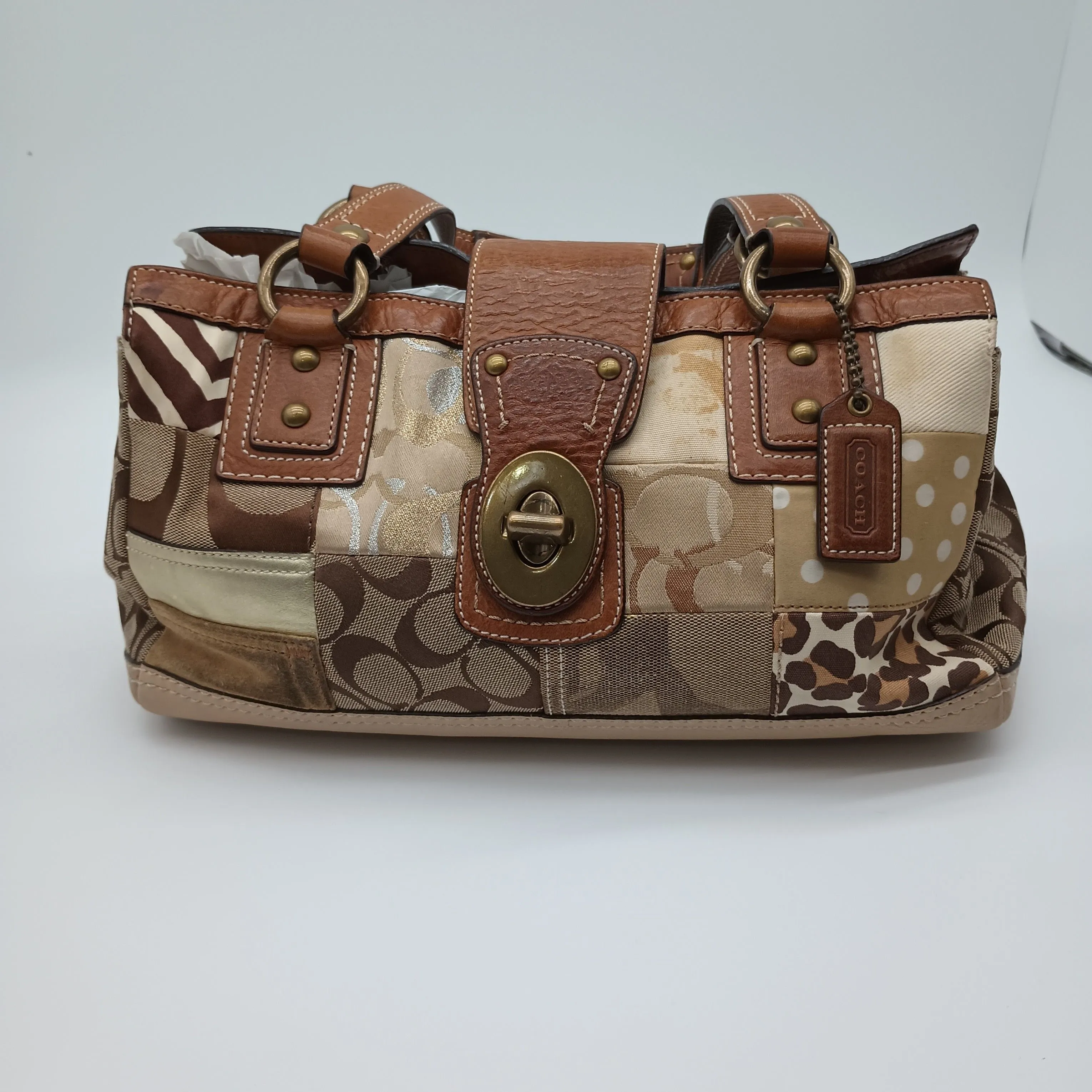Product image for #014B-Coach Brown Gold Signature Patchwork with Brown Leather trim
