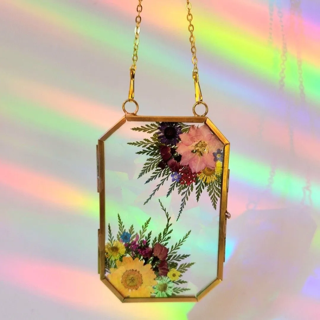 Product image for Sun Catcher Made with Real Pressed Flowers! Prismatic Rainbow Blaster!  Rainbow Floral Arrangement