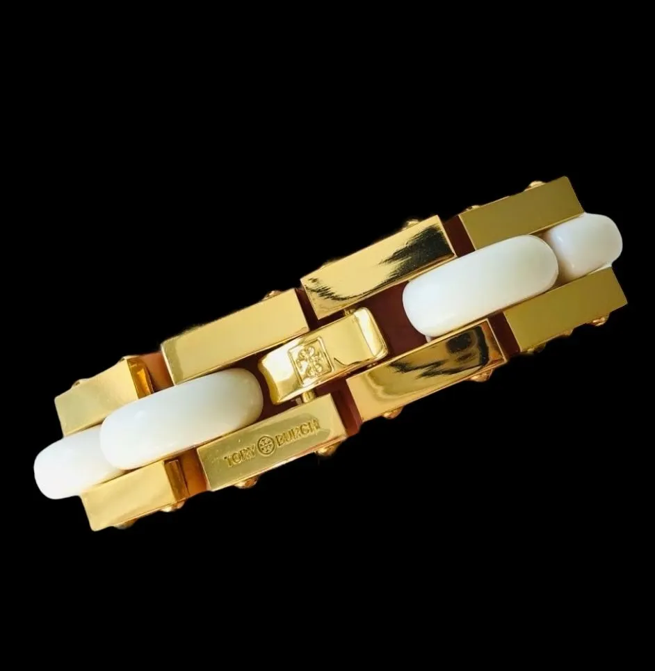 Product image for New TORY BURCH Gold chunky bracelet with White Inlay. Cones with Tag and Dustbag