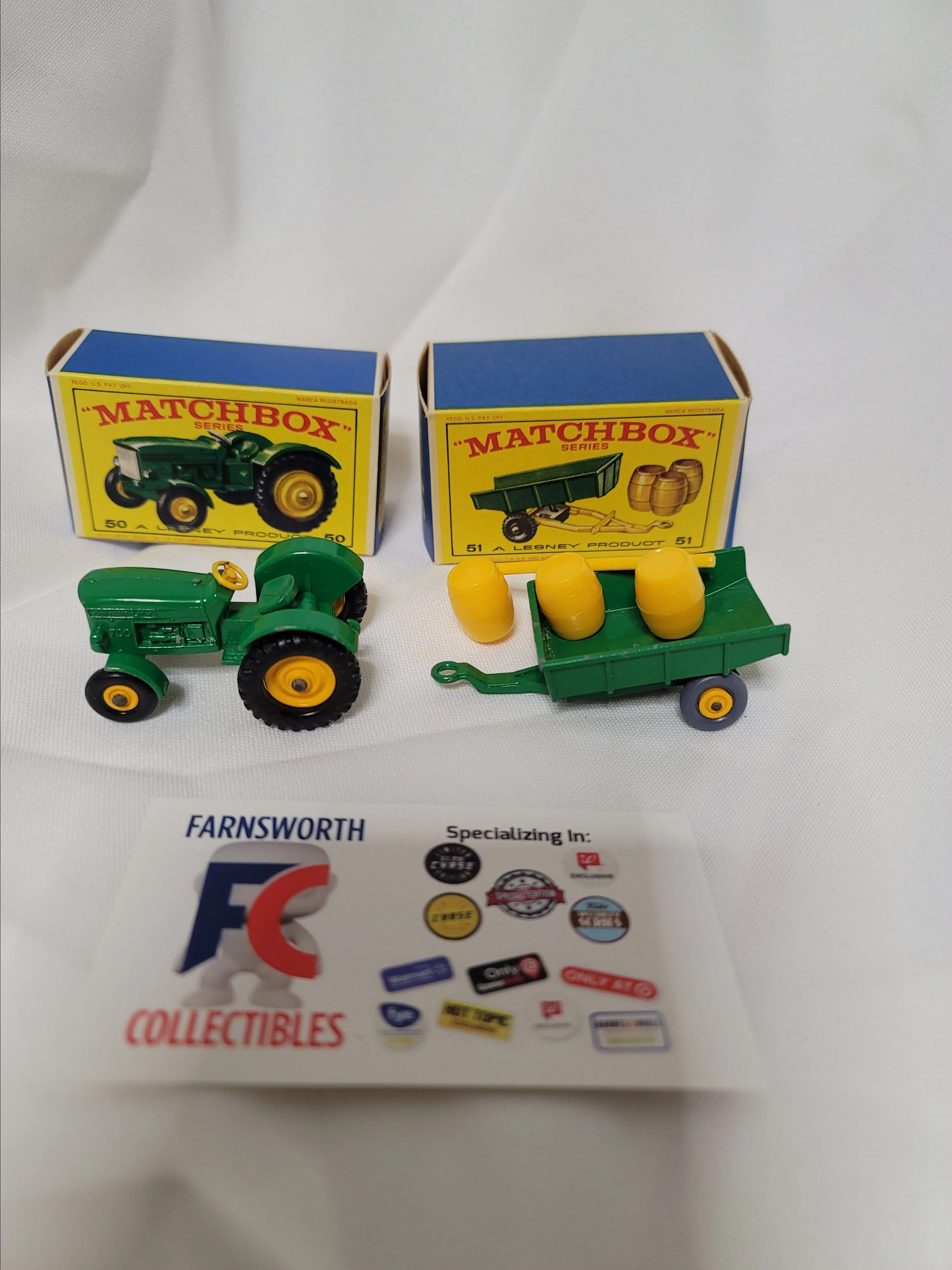 Product image for 1966 Matchbox Lesney John-Deere Lanz Tractor #50 & Tipping Trailer #51 (with New Barrels) (New and Original Box) 1/64 Scale