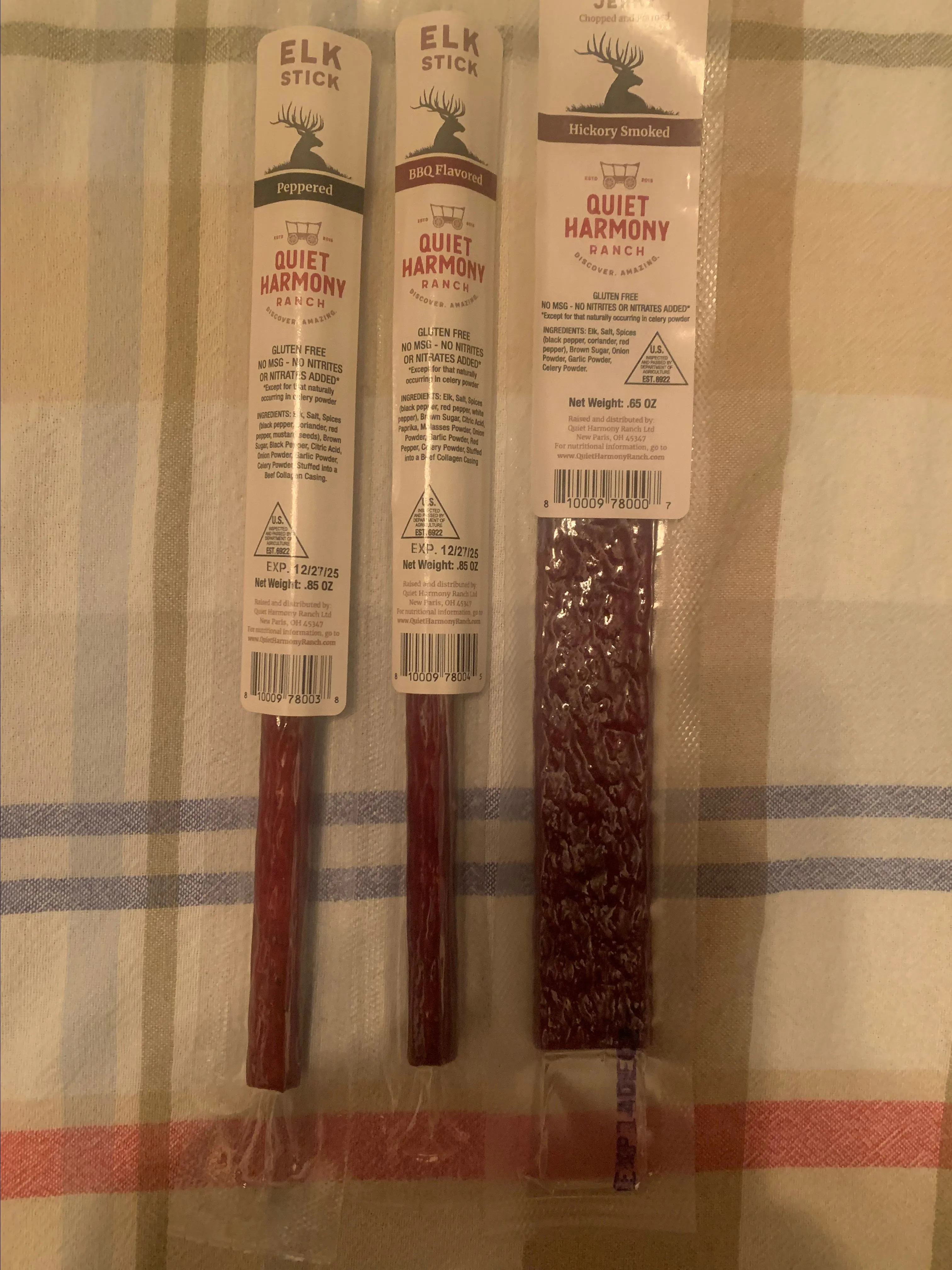 Product image for 3- 100% Elk Jerky HICKORY SMOKED, PEPPERED, AND BBQ with zero fat, zero nitrites, zero nitrates, zero msg's, packed