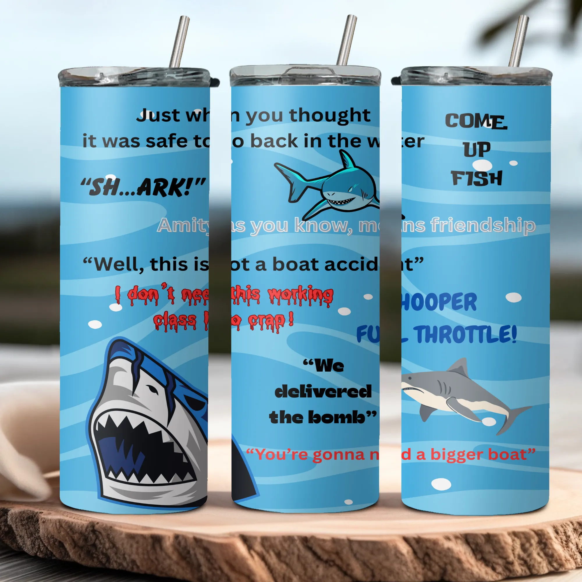 Product image for JAWS inspired quotes 20oz stainless steel tumbler with lid and straw