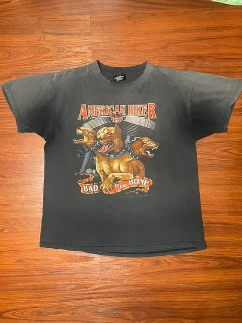 Product image for 1992 3D Emblem 3 Headed Pitbull Bad To The Bone Faded Motorcycle Tee 