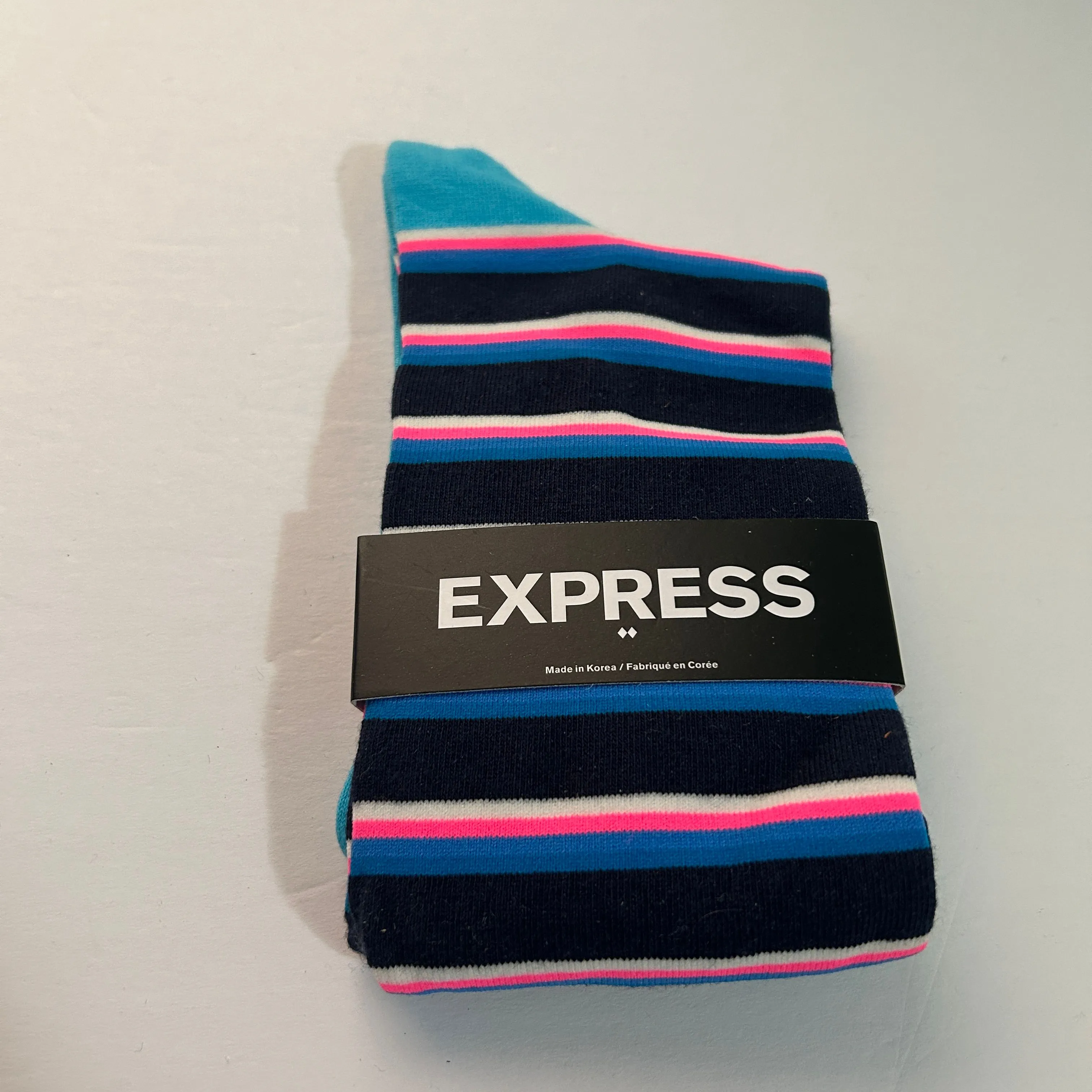 Product image for Express Dress Socks Crew Stripes Striped Navy Blue Pink White Men's Size 8-12