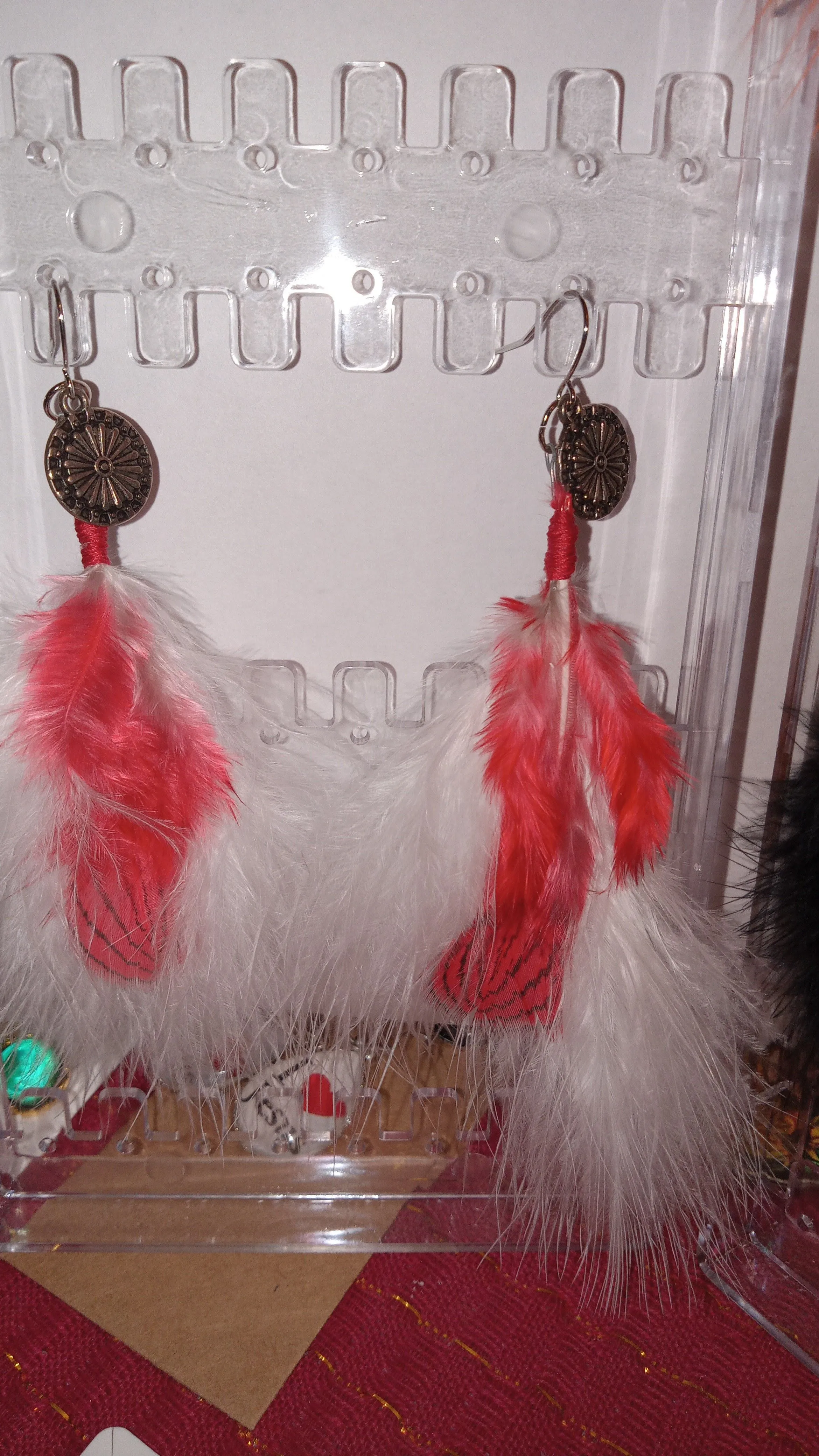 Product image for F1. Feather Earrings Red/White With Small Medallion Pierced Handcrafted #5