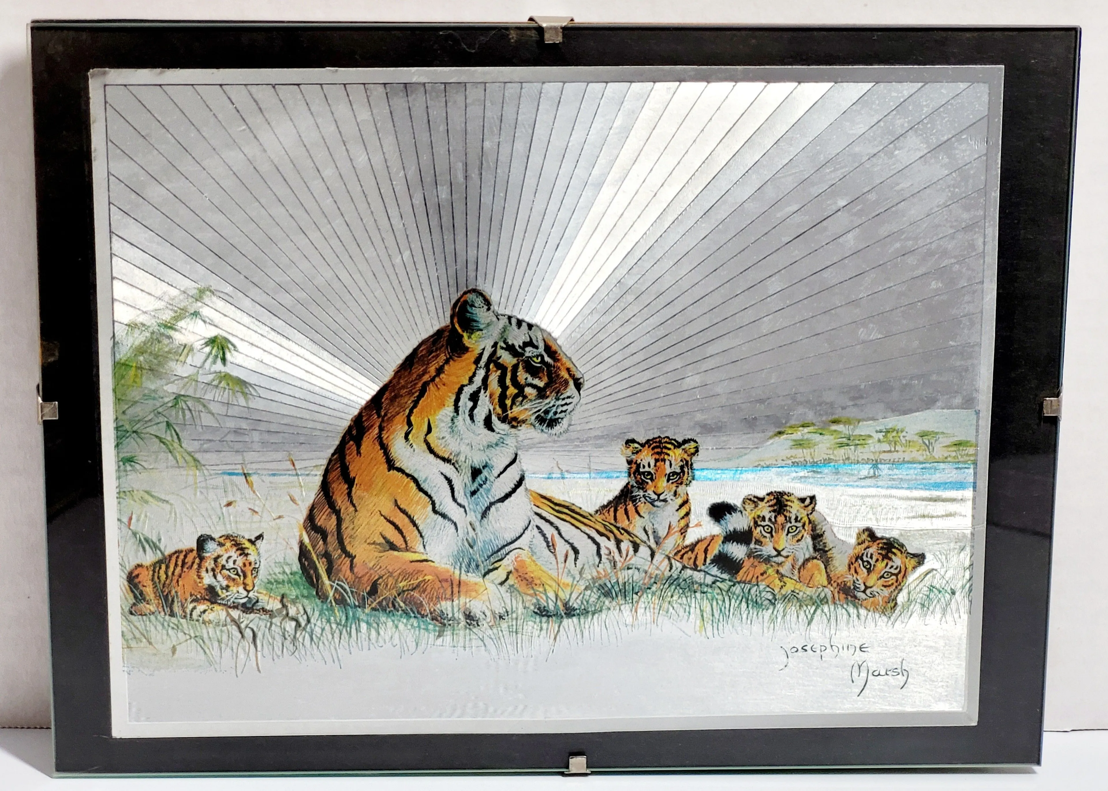 Product image for 1980s Josephine Marsh 9.5"X7" Holographic Foil Art Print Tiger&Cubs Glass Frame. This is a vintage h