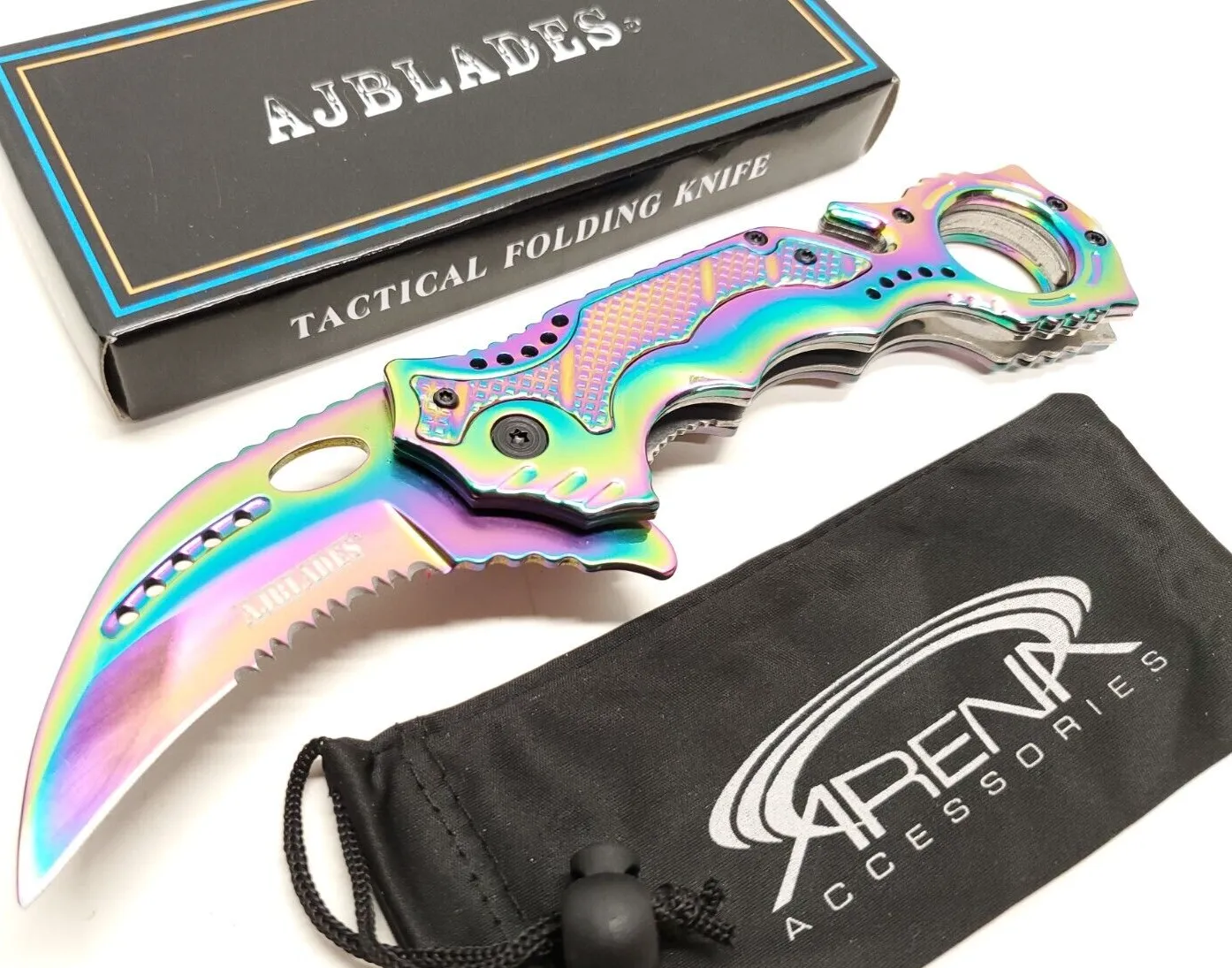 Product image for Rainbow Karambit Hawkbill Blade EDC Pocket Knife Spring Assisted