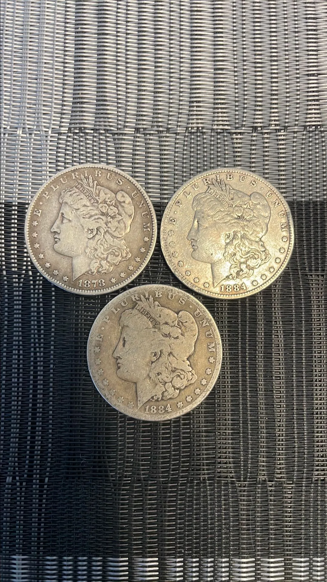 Product image for Lot of 3 Morgan silver dollar coins (2 from 1884 & 1 from 1878)