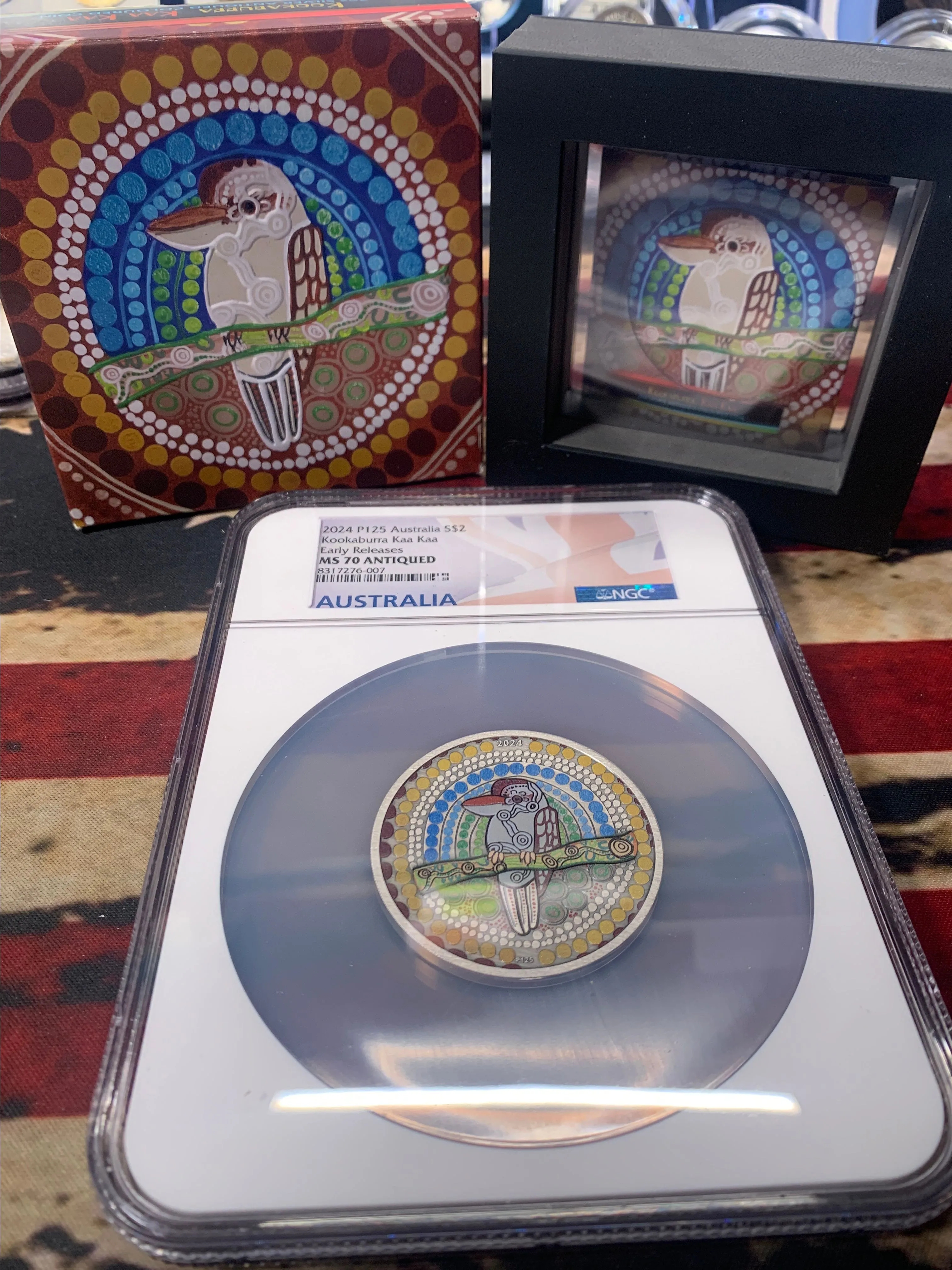Product image for 2024 AUSTRALIA 2 OZ ANTIQUED COLORIZED SILVER KOOKABURRA KAA KAA COIN NGC MS70