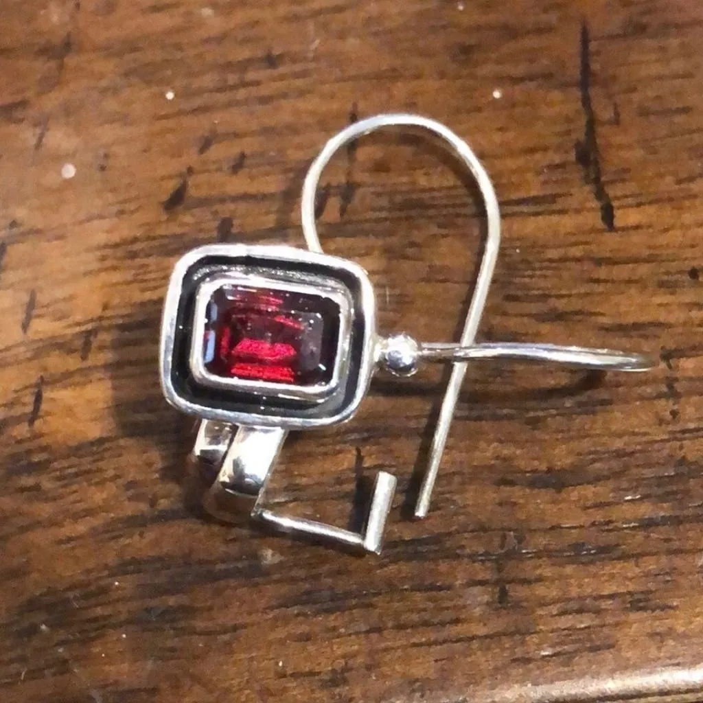 Product image for Vintage Emerald Cut Red Garnet Gemstone and Sterling Silver Drop Earrings