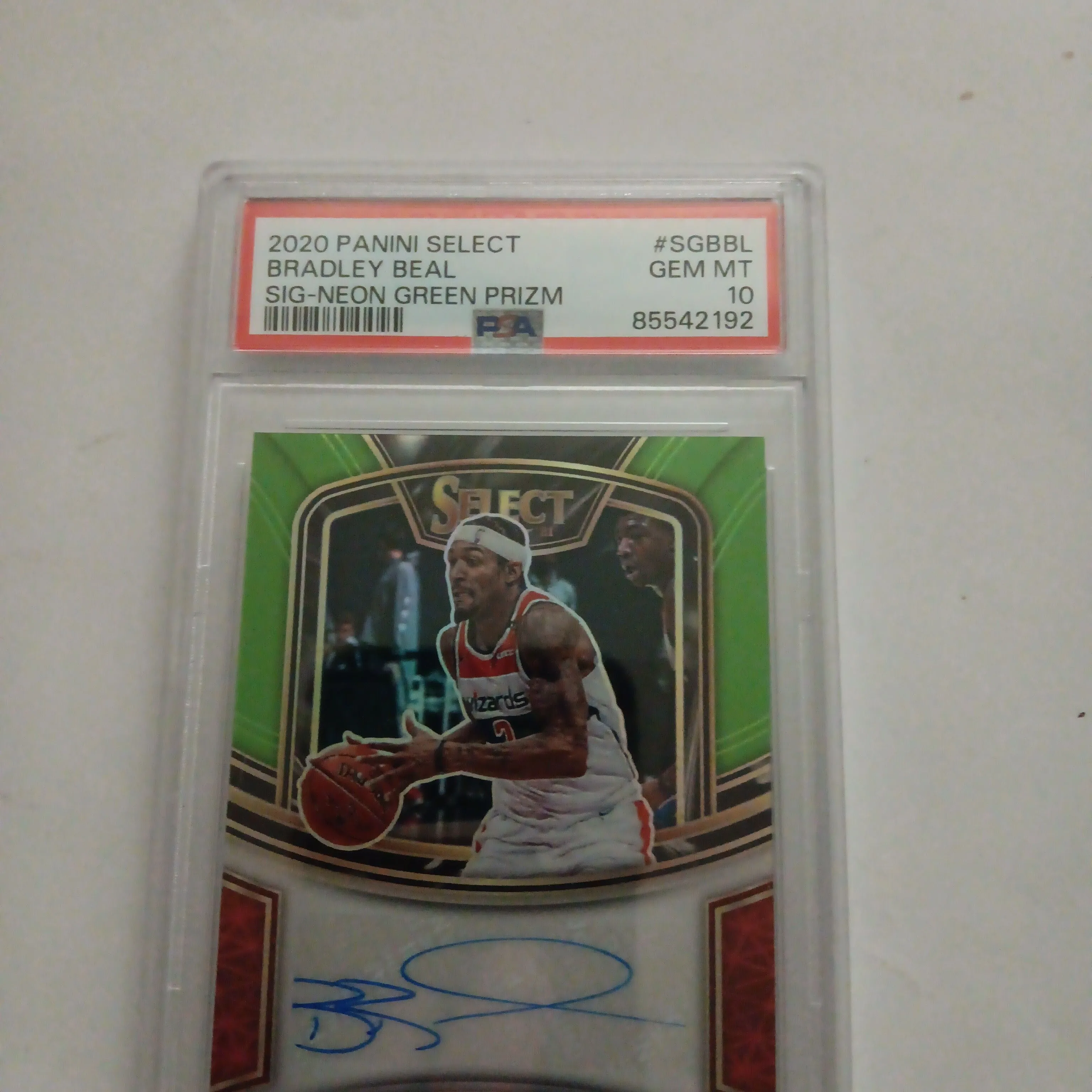 Product image for 2020 Panini Select Signatures Bradley Beal SGBBL Sig-Neon Green Prizm PSA GEM MT 10